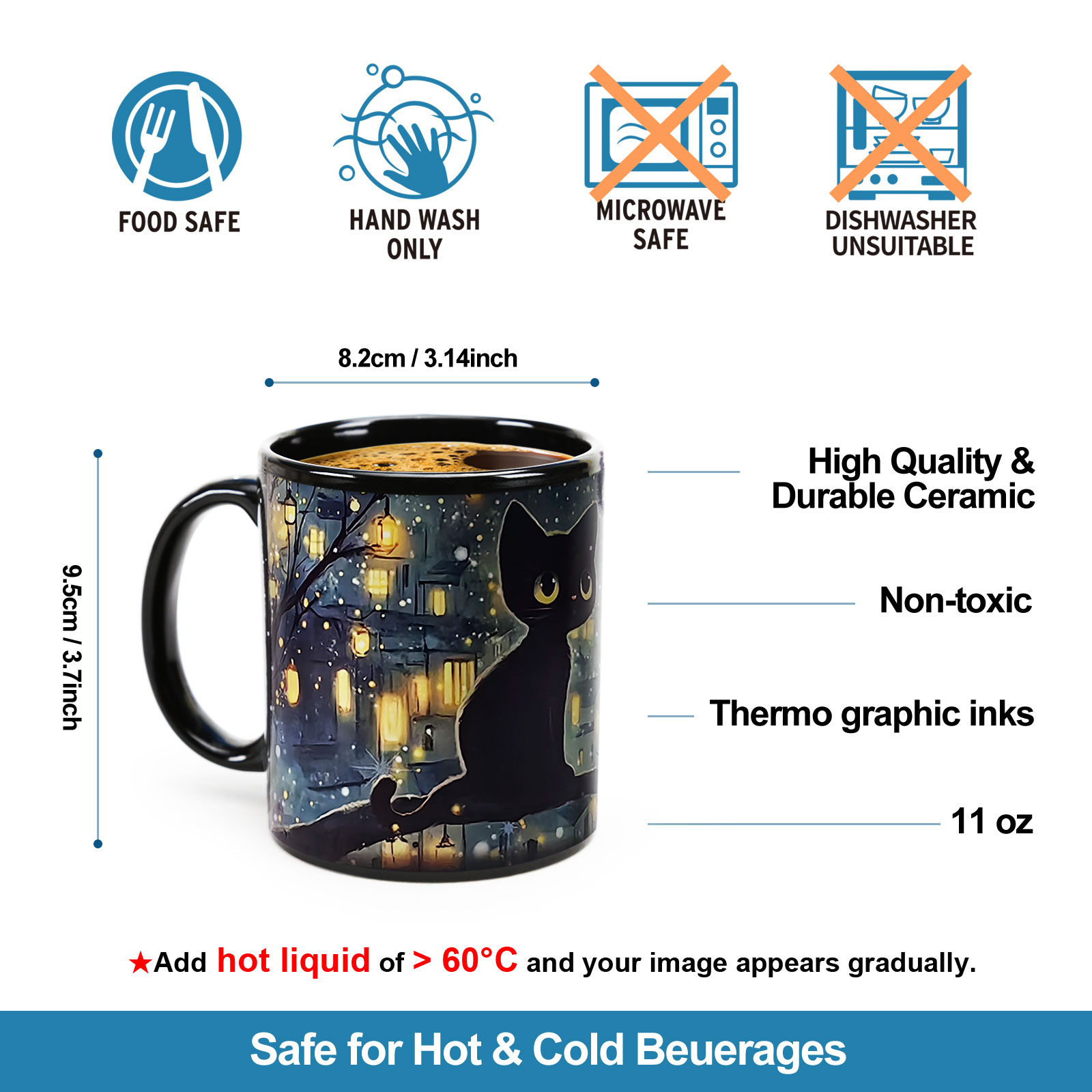 Town Black Cat，animal Color Changing Mug Magic Mug.