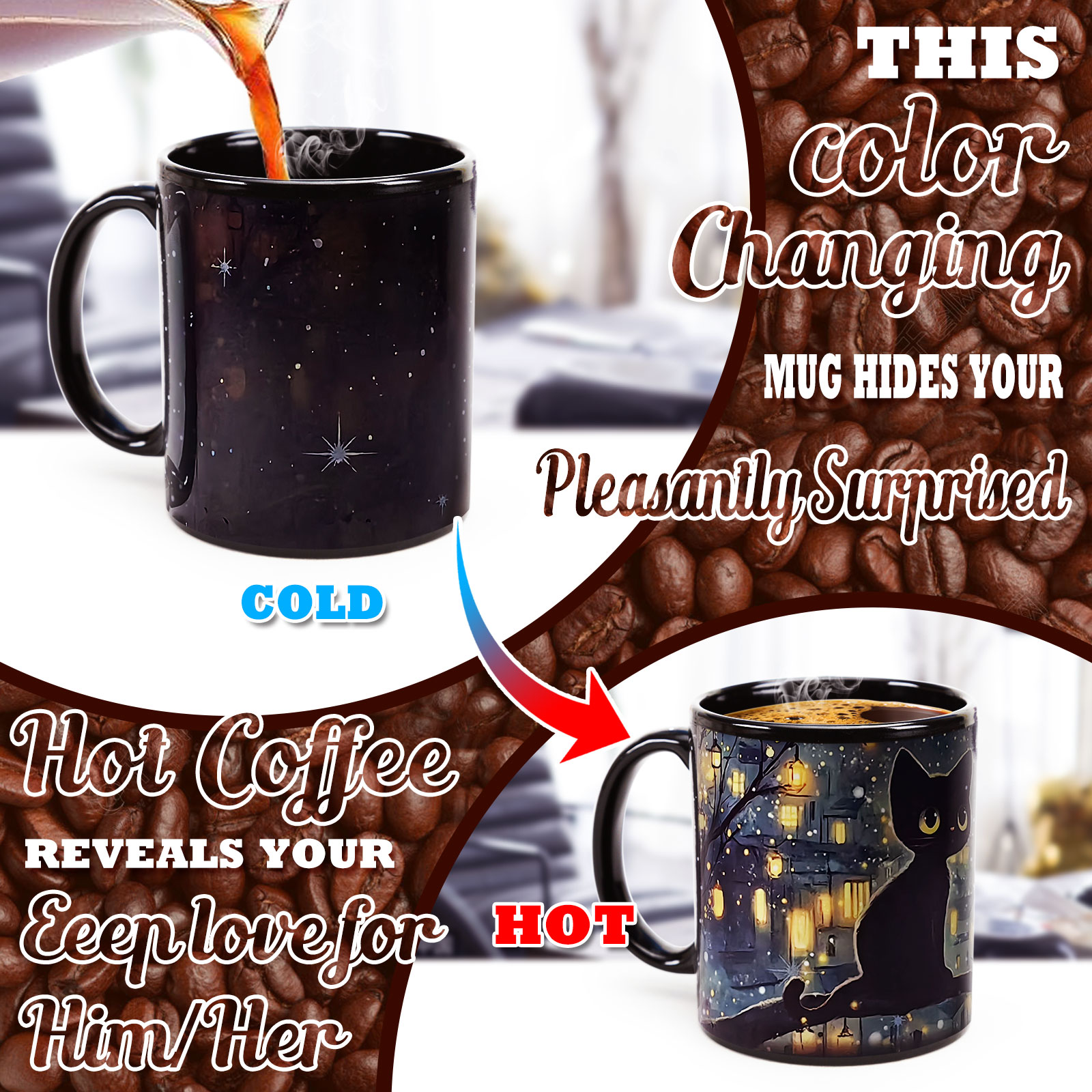 Town Black Cat，animal Color Changing Mug Magic Mug.