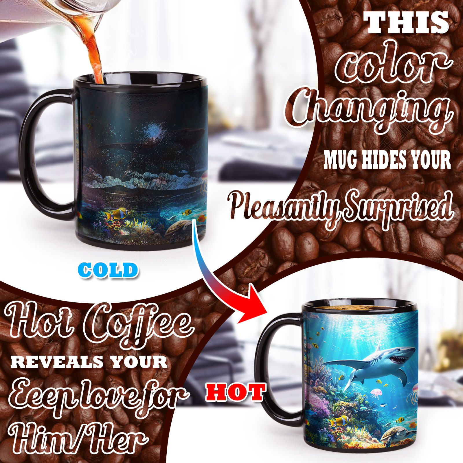  Seaside - Submarine shark，Ocean Color Changing Mug Magic Mug.