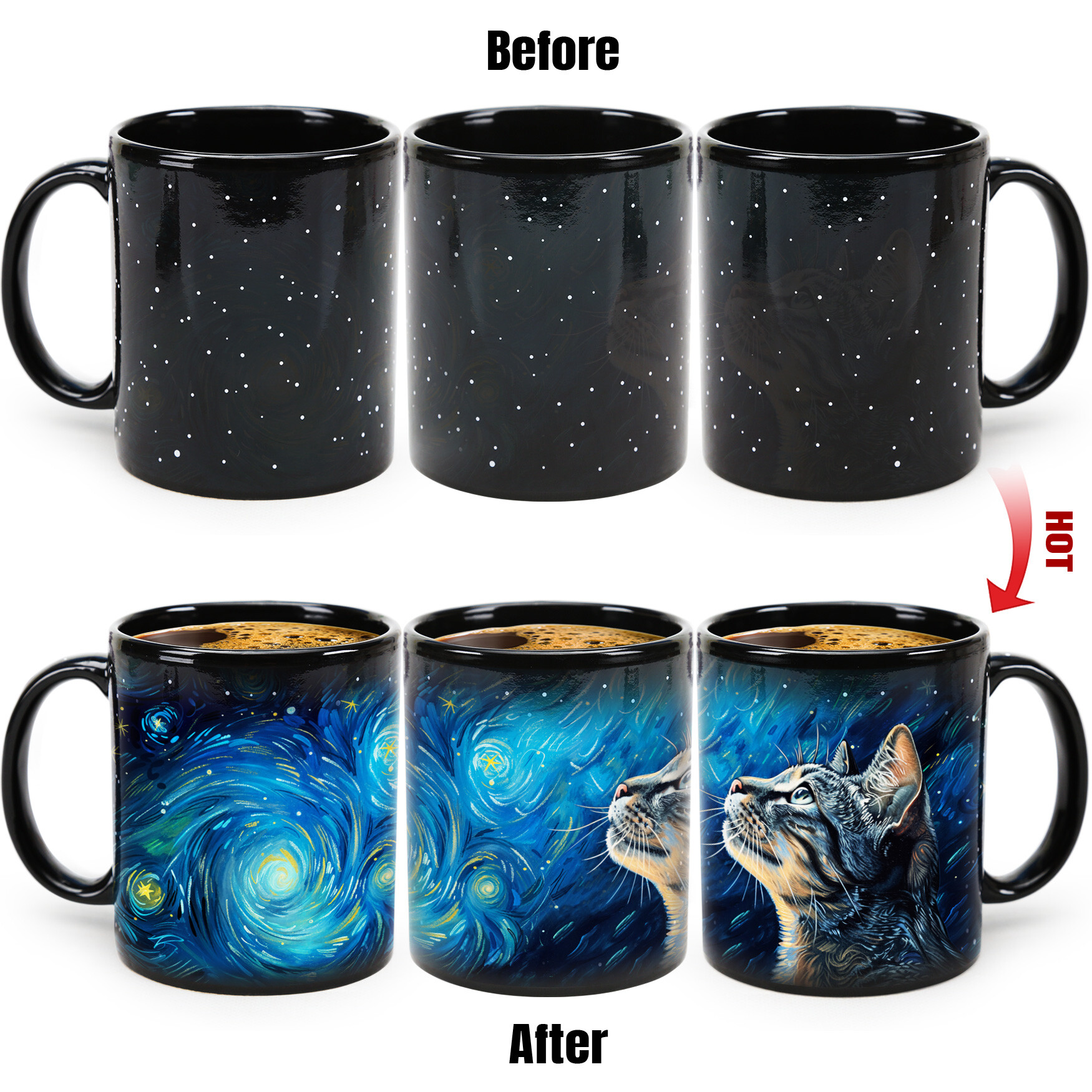 Starry Sky-Van Gogh Cat，animal Color Changing Mug Magic Mug.