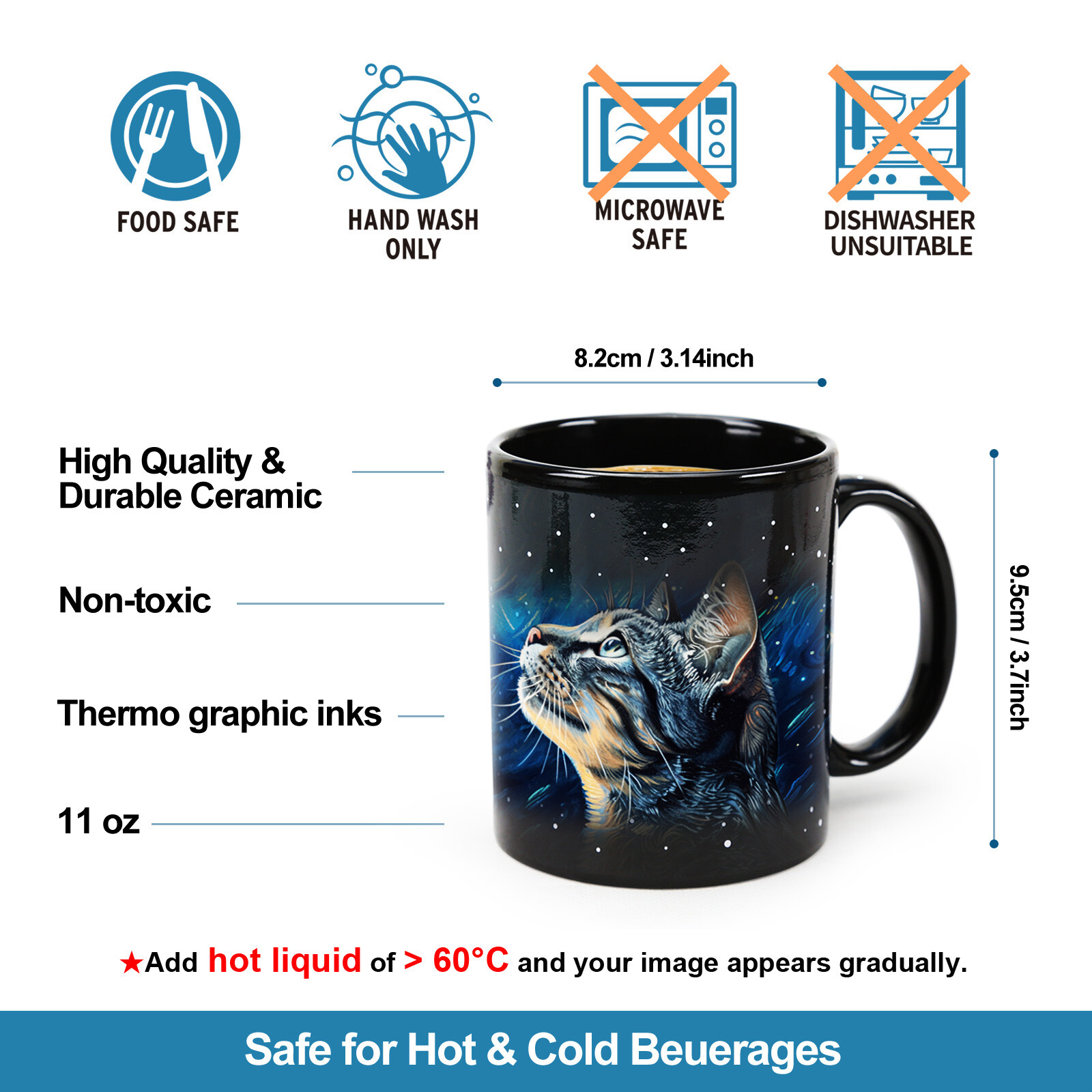 Starry Sky-Van Gogh Cat，animal Color Changing Mug Magic Mug.