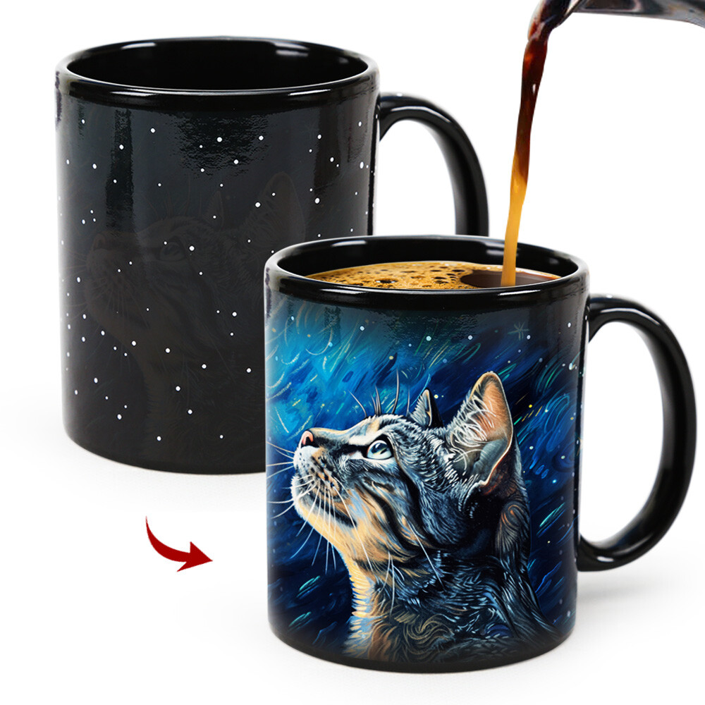Starry Sky-Van Gogh Cat，animal Color Changing Mug Magic Mug.