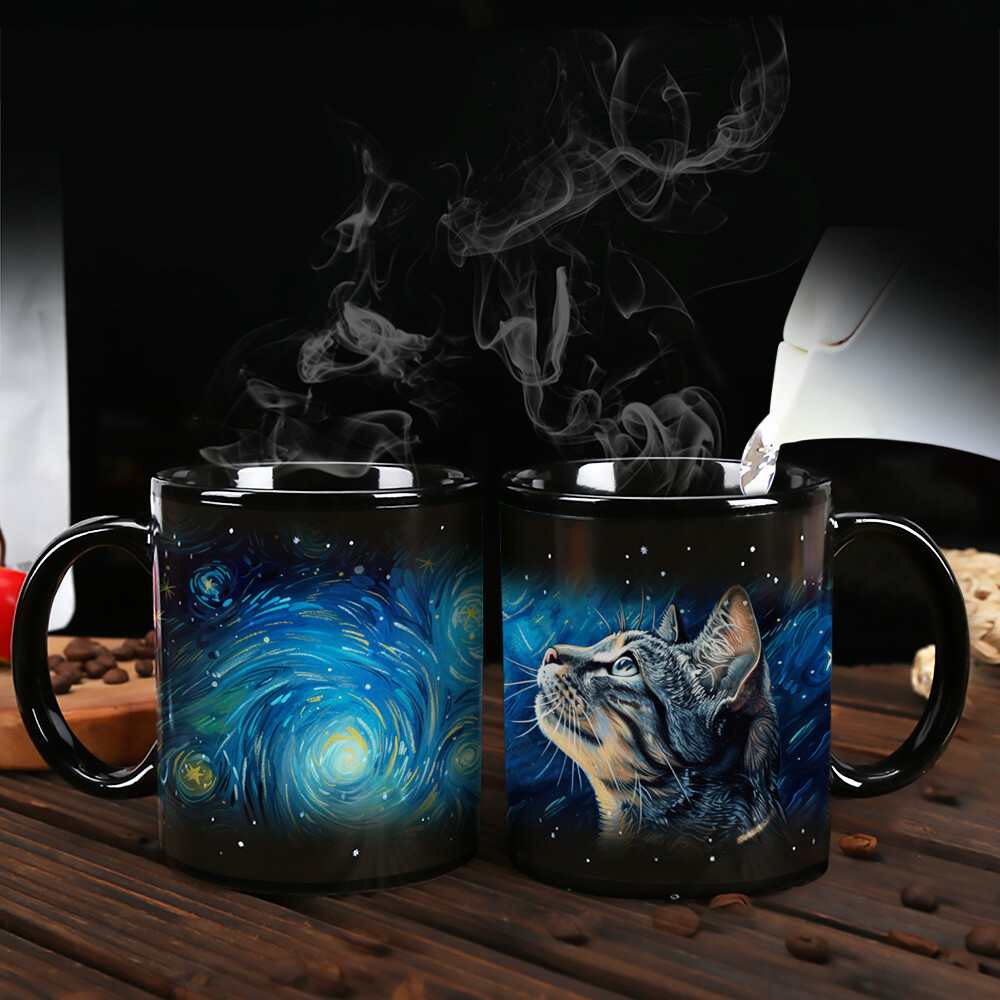 Starry Sky-Van Gogh Cat，animal Color Changing Mug Magic Mug.