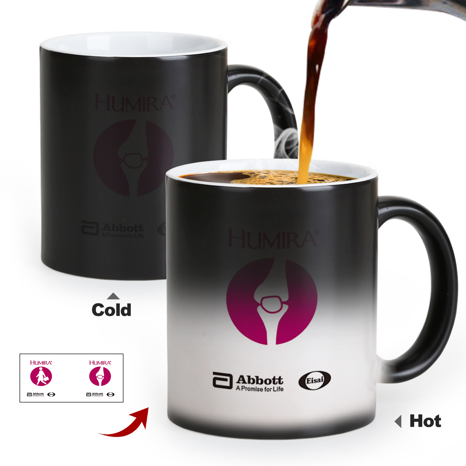 Customize your black color-changing mugs with your image, choose your Magic mug style, and get small batches of custom mugs. Promotional gifts.