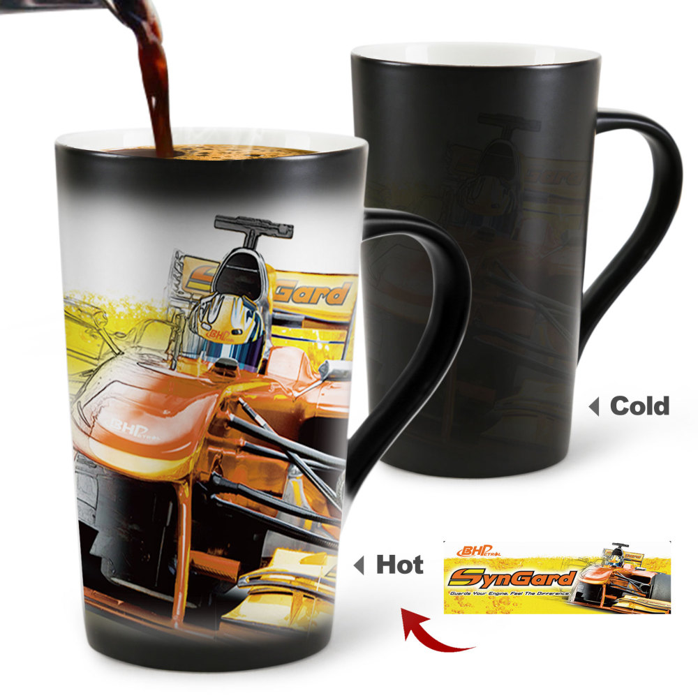 Customize your black color-changing mugs with your image, choose your Magic mug style, and get small batches of custom mugs. Promotional gifts.
