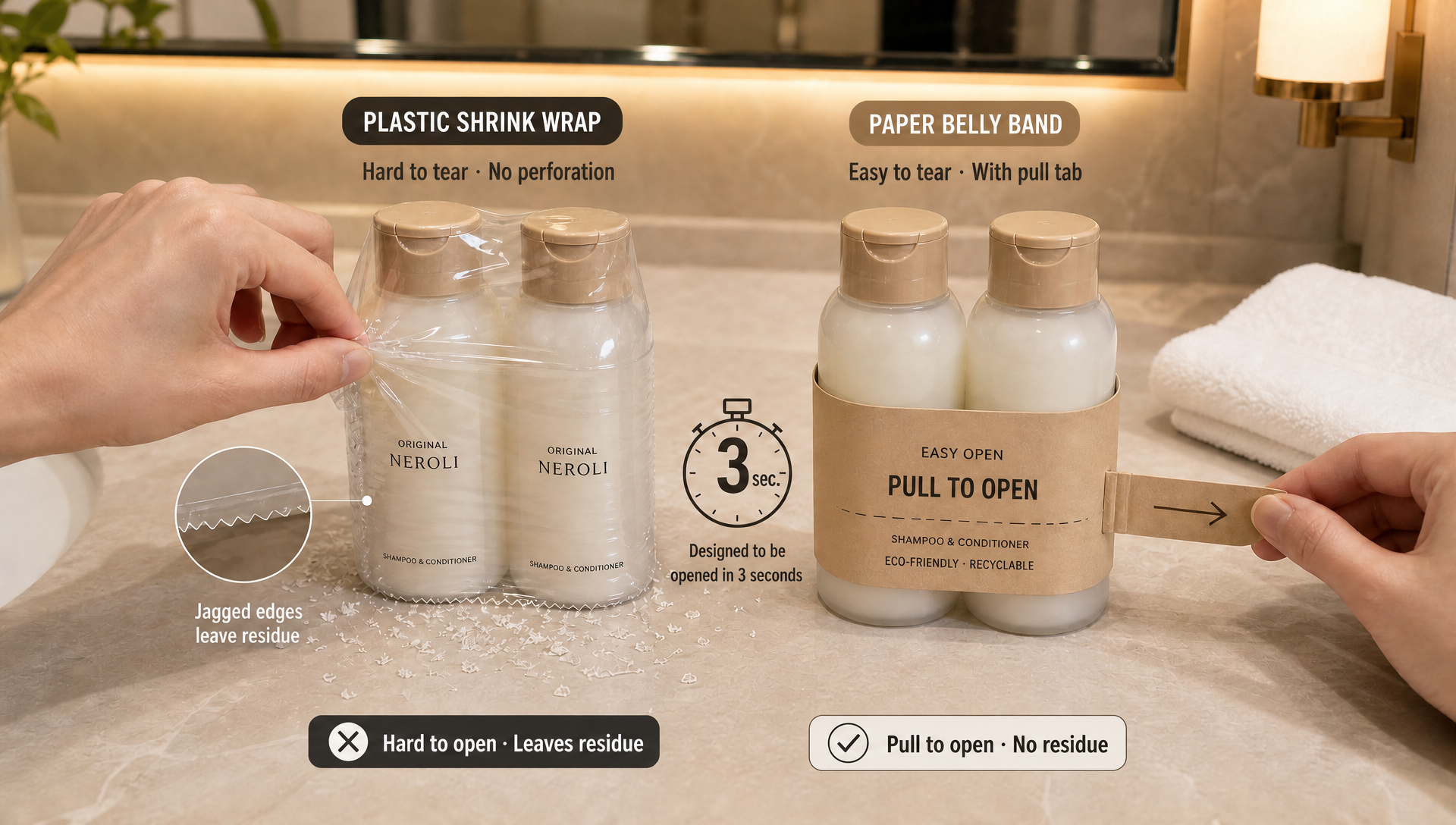 Those 3 Seconds When Guests Tear Open the Plastic Film on a Toiletry Set – Which Is More Annoying: Packaging That Won't Tear, or Packaging That Tears Too Easily? Those 3 Seconds When Guests Tear Open the Plastic Film on a Toiletry Set – Which Is More Annoying: Packaging That Won't Tear, or Packaging That Tears Too Easily?