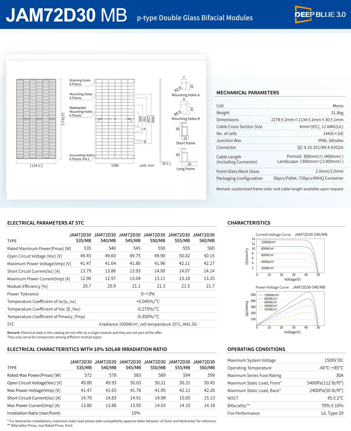 Ja Solar Deepblue 3 182mm Solar Cell Bifacial Dual-Glass Solar Panel 540W 545W 550W 555W 560W 1