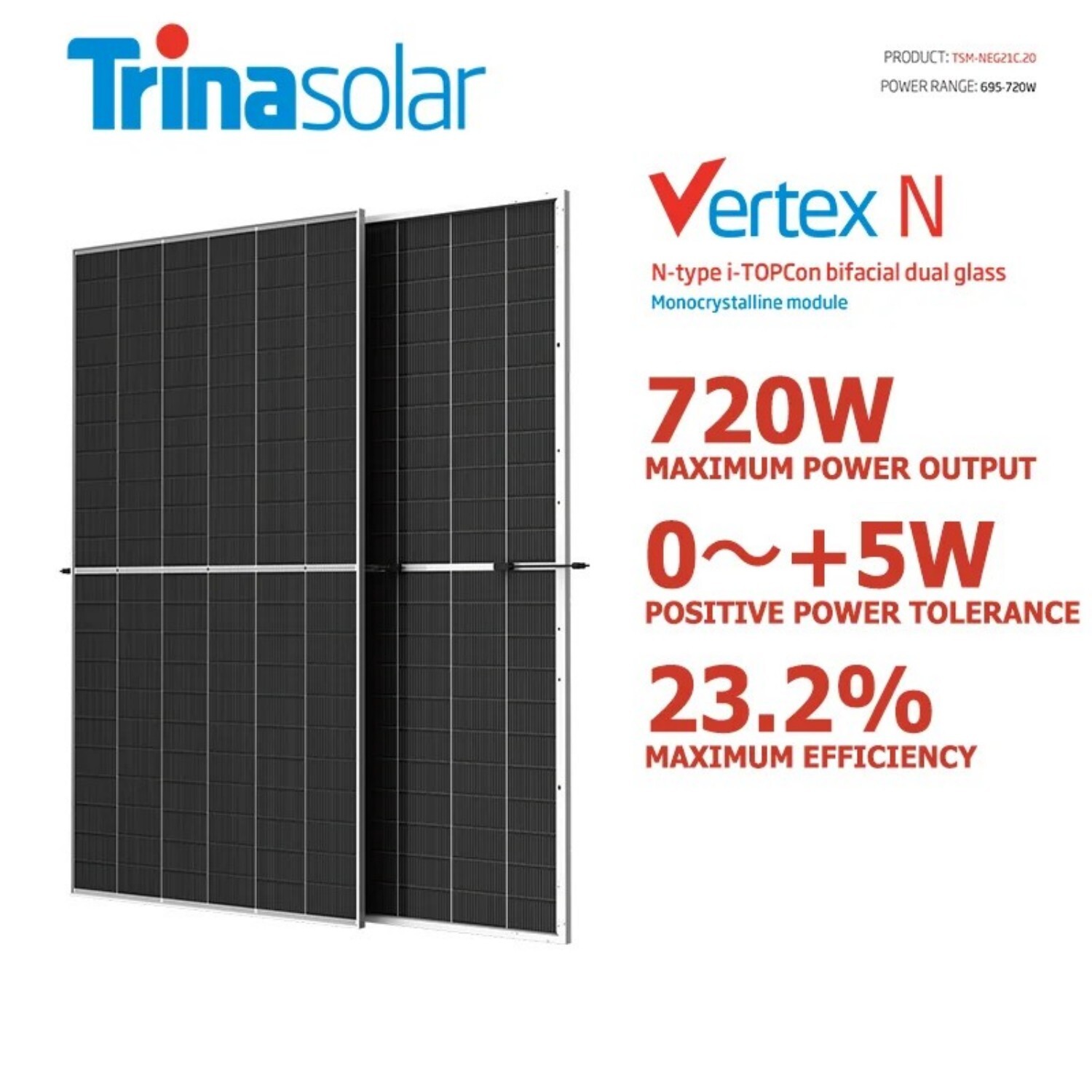 Trina Solar N Type Bifacial Dual Glass Module 695w 700w 715w 720w