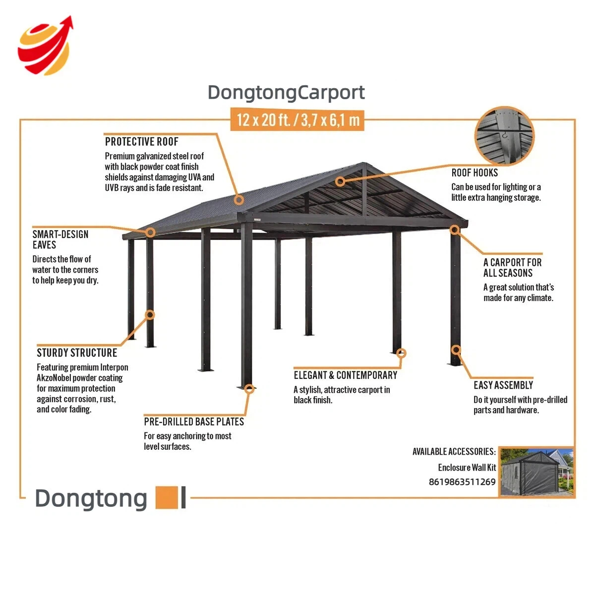 20' x 12' Samara Carport with Aluminum Frame and 10' High Galvanized Steel Roof for Easy Drive Through Access
