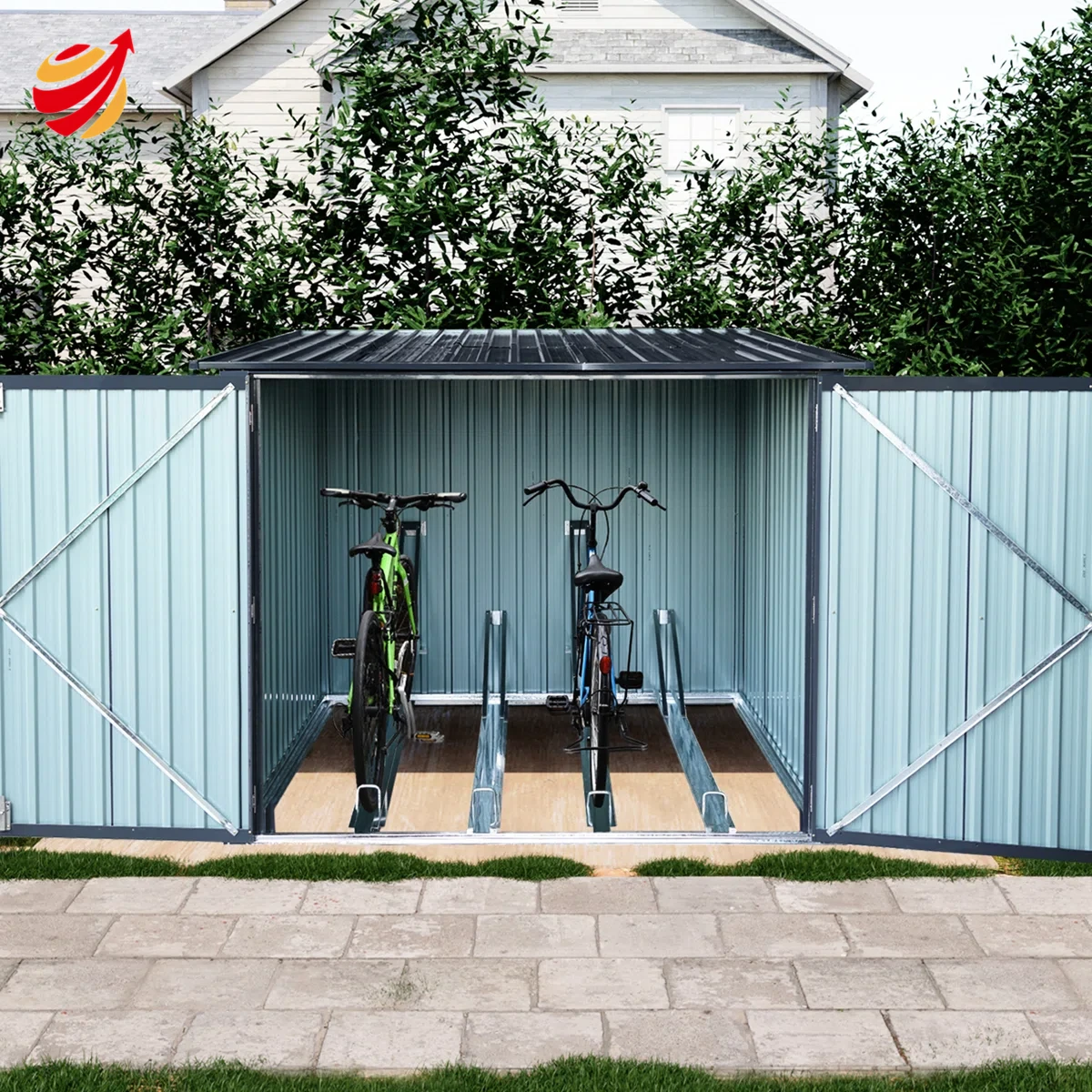 Heavy-duty Outdoor Bicycle Storage Shed With Slope Roof And 4 Bike Tracks - Black Fire Water &