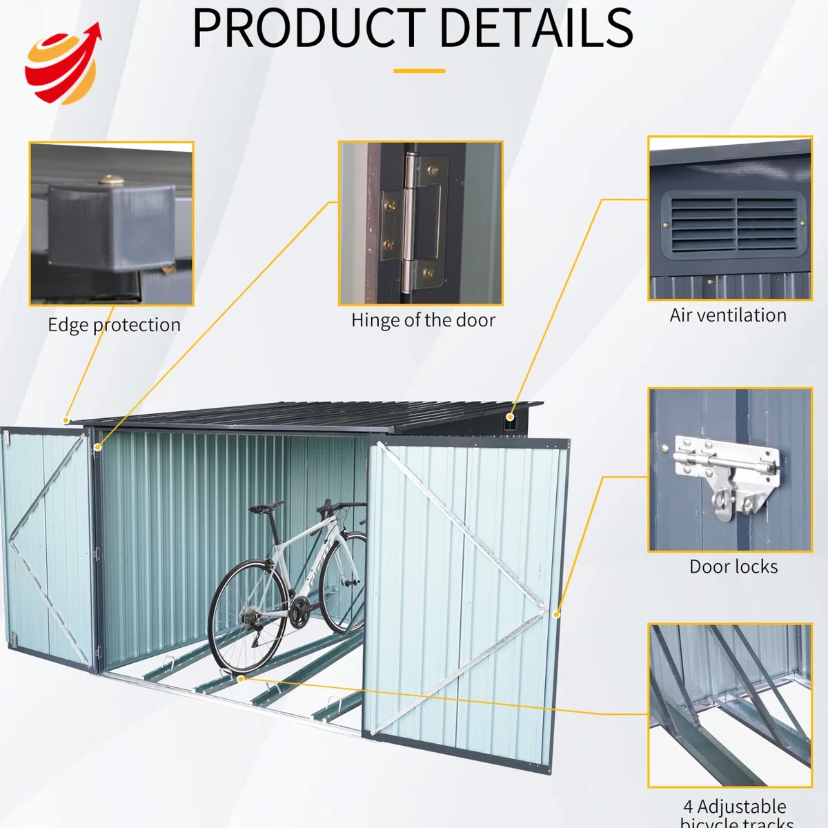 Heavy-duty Outdoor Bicycle Storage Shed With Slope Roof And 4 Bike Tracks - Black Fire Water &