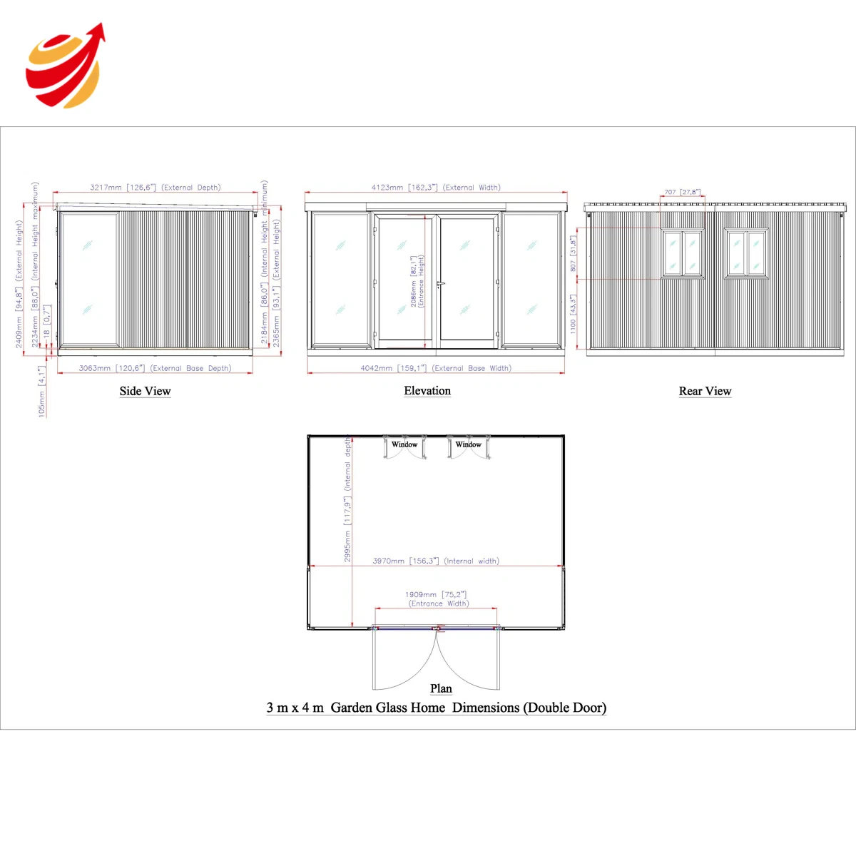 13x10 Garden Glass Room Double Doors