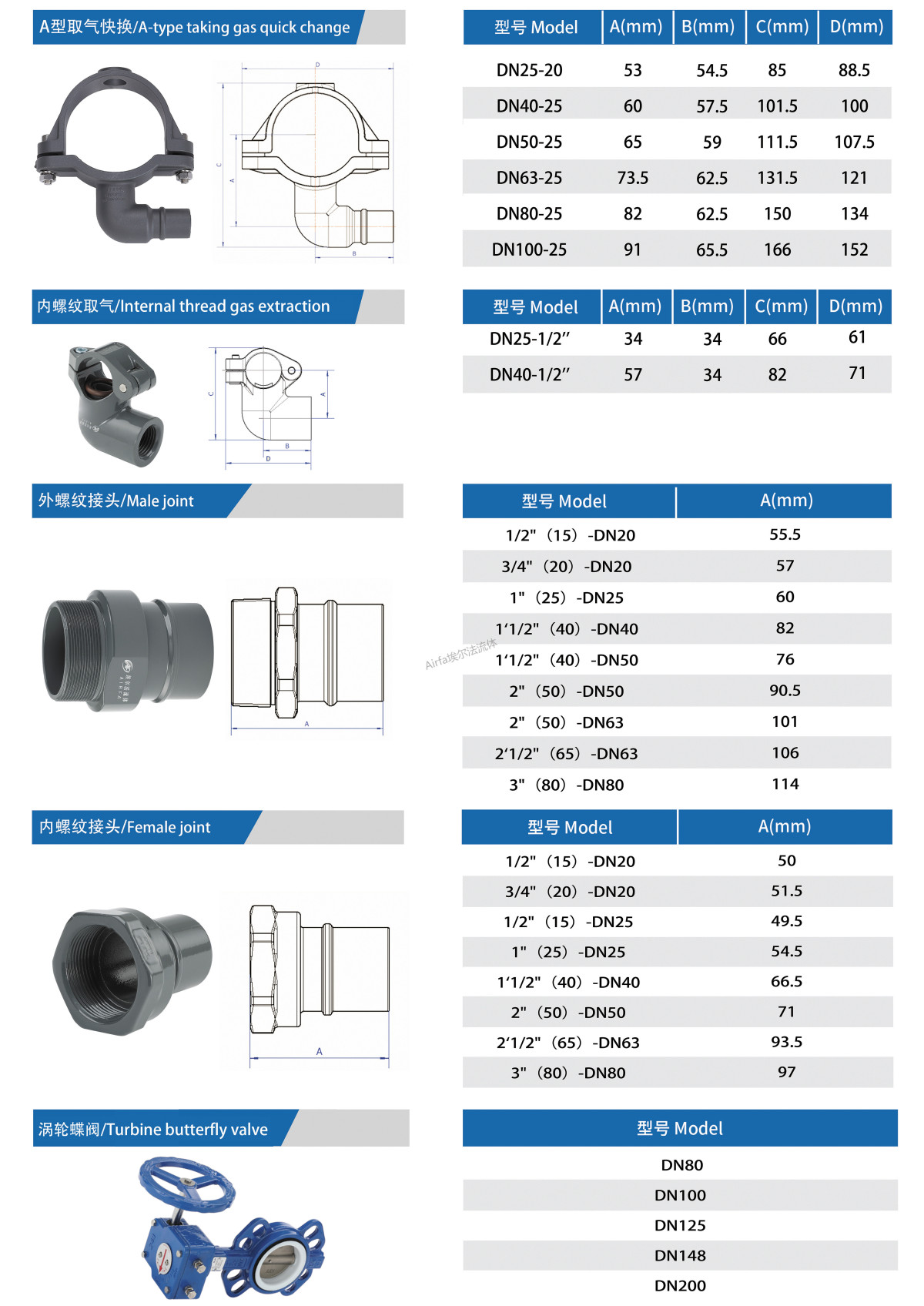 20 Aluminum alloy female joint, internal thread connectors, adapter accessories suitable for DN20-15 (1/2"), DN20-20 (3/4"), DN25-15 (1/2"), DN25-25 (1"), DN40-40 (1 1/2"), DN50-50 (2"), DN63-63 (2 1/2"), DN80-80 (3)