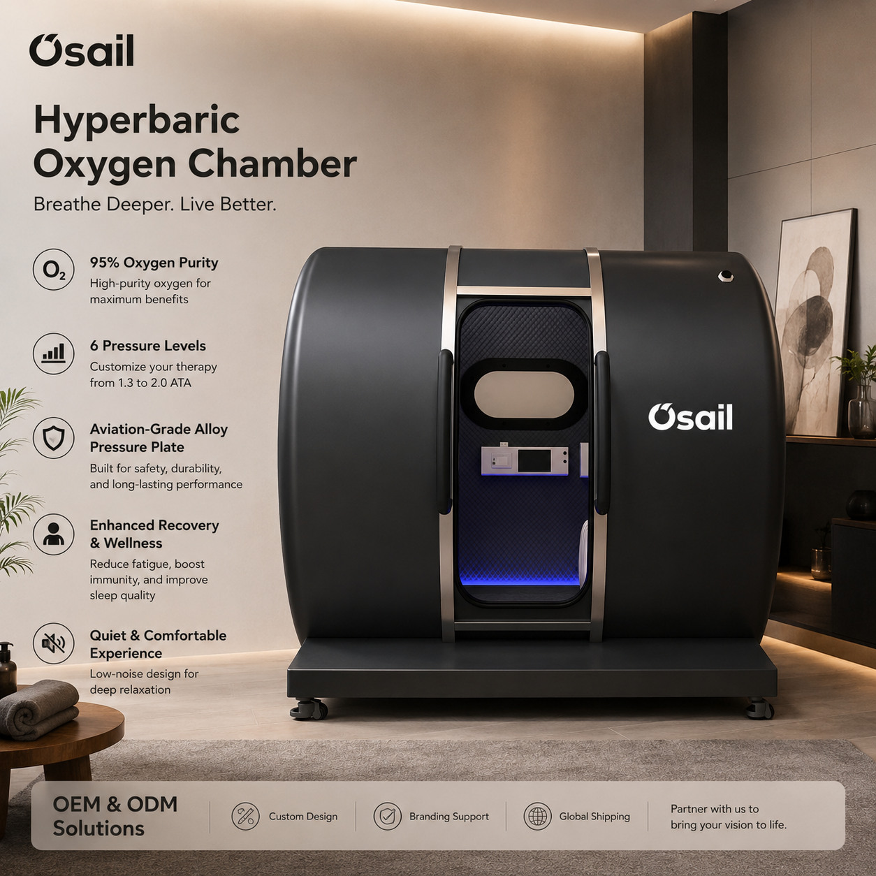 Multiplace Sitting Type Hyperbaric Oxygenation Chamber 95% Oxygen Concentration Touch Panel Control for Home