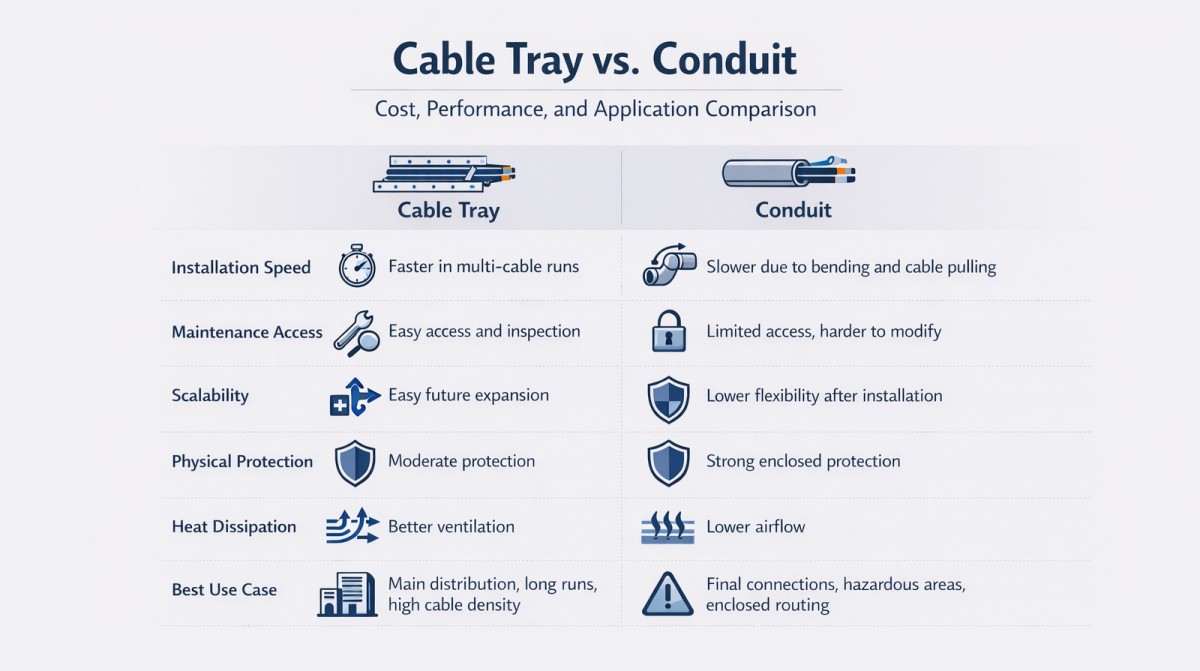 Cable Tray vs Conduit Comparison Infographic Cable tray vs conduit comparison infographic showing installation speed maintenance access scalability physical protection heat dissipation and best use case