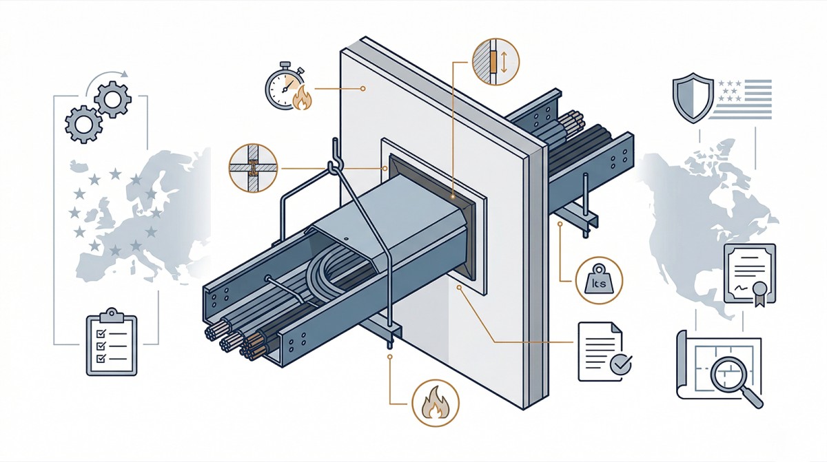 Technical illustration of a fire-rated cable tray system showing IEC EN and North American compliance pathways with fire protection penetration sealing structural support and certification concepts