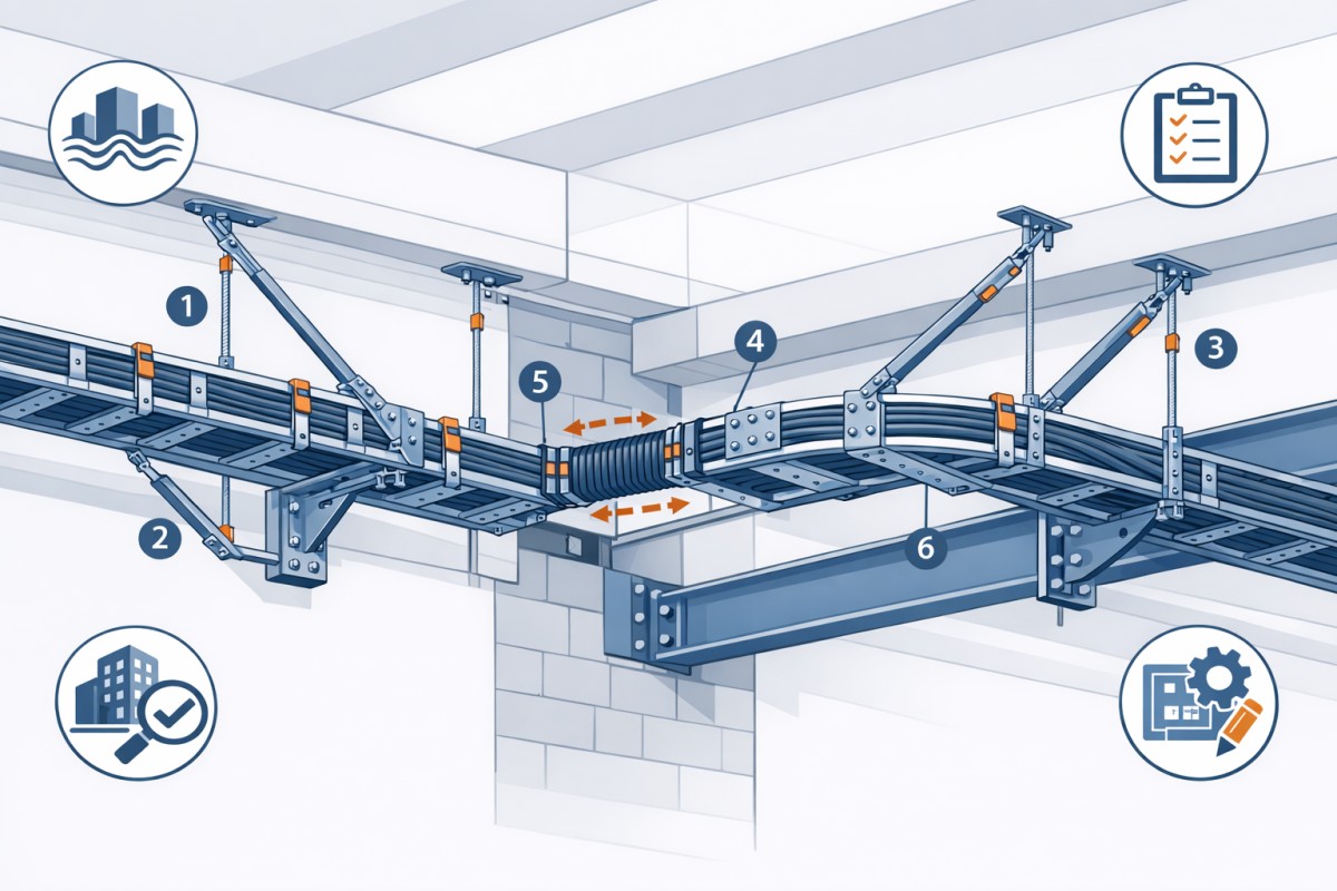 Technical illustration of a seismic cable tray system showing bracing reinforced splice joints cable retention differential movement accommodation and checklist-based engineering verification