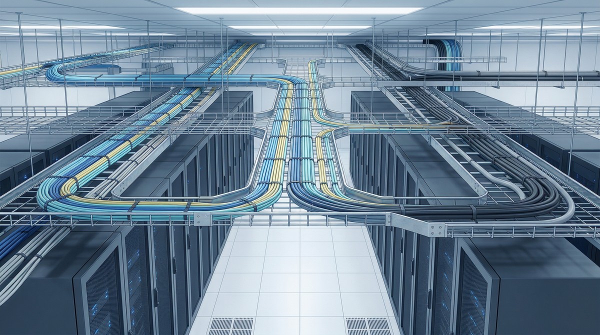 Technical illustration of a modern data center with overhead cable tray routing showing structured scalable cable management for high-density infrastructure