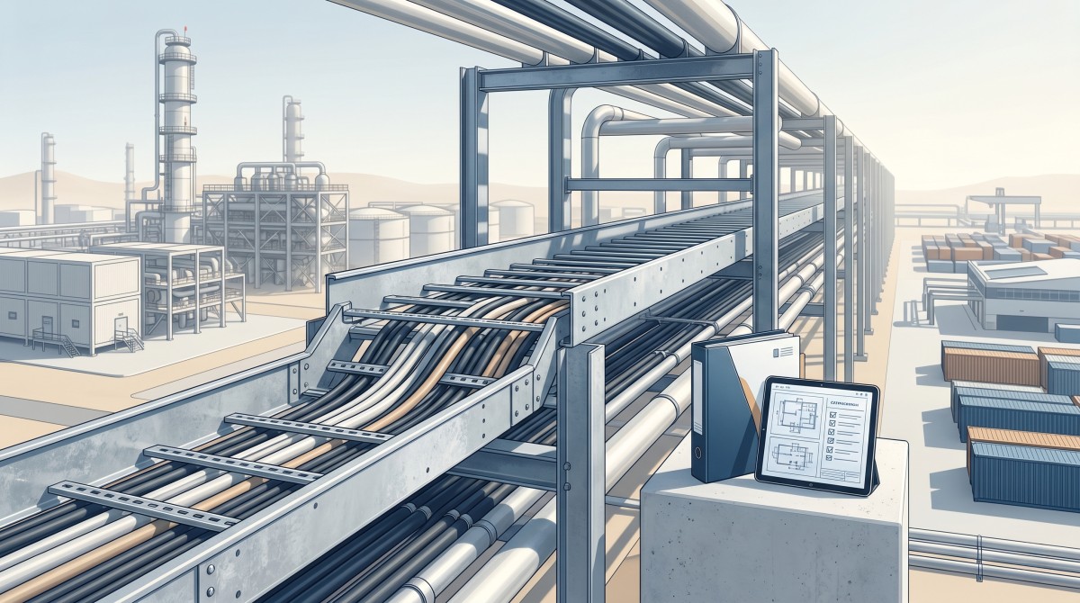 Technical illustration of an industrial cable tray installation in a Middle East mega-project setting with engineering review documentation and project coordination cues