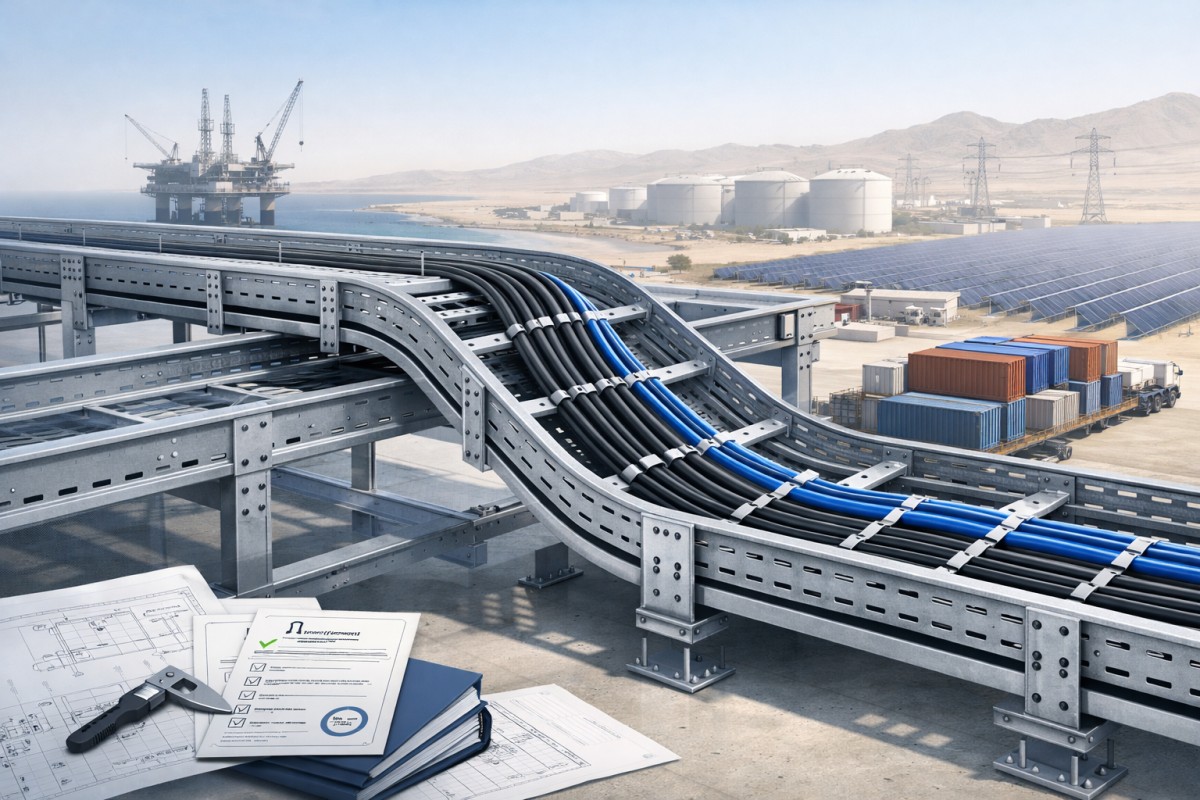 Technical hero image showing cable tray systems in a GCC coastal industrial project environment with logistics infrastructure harsh-climate suitability and supplier readiness cues