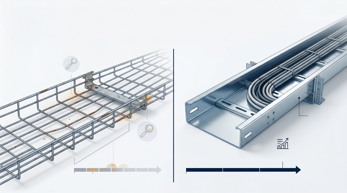 Technical comparison illustration showing lower-grade cable tray deterioration versus a more durable engineered cable tray with better long-term performance