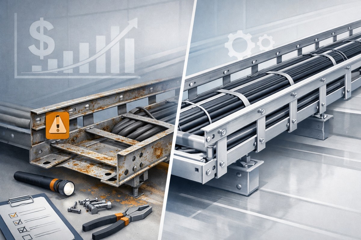 Comparison hero image showing a low-cost cable tray with corrosion and maintenance risk versus a higher-quality cable tray designed for long-term reliability and lower ownership cost