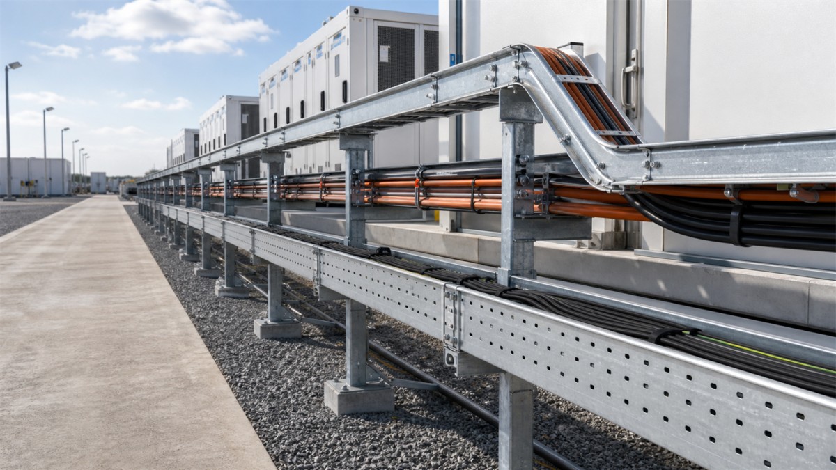 Hot-dip galvanized cable tray system installed along an outdoor battery energy storage facility corridor