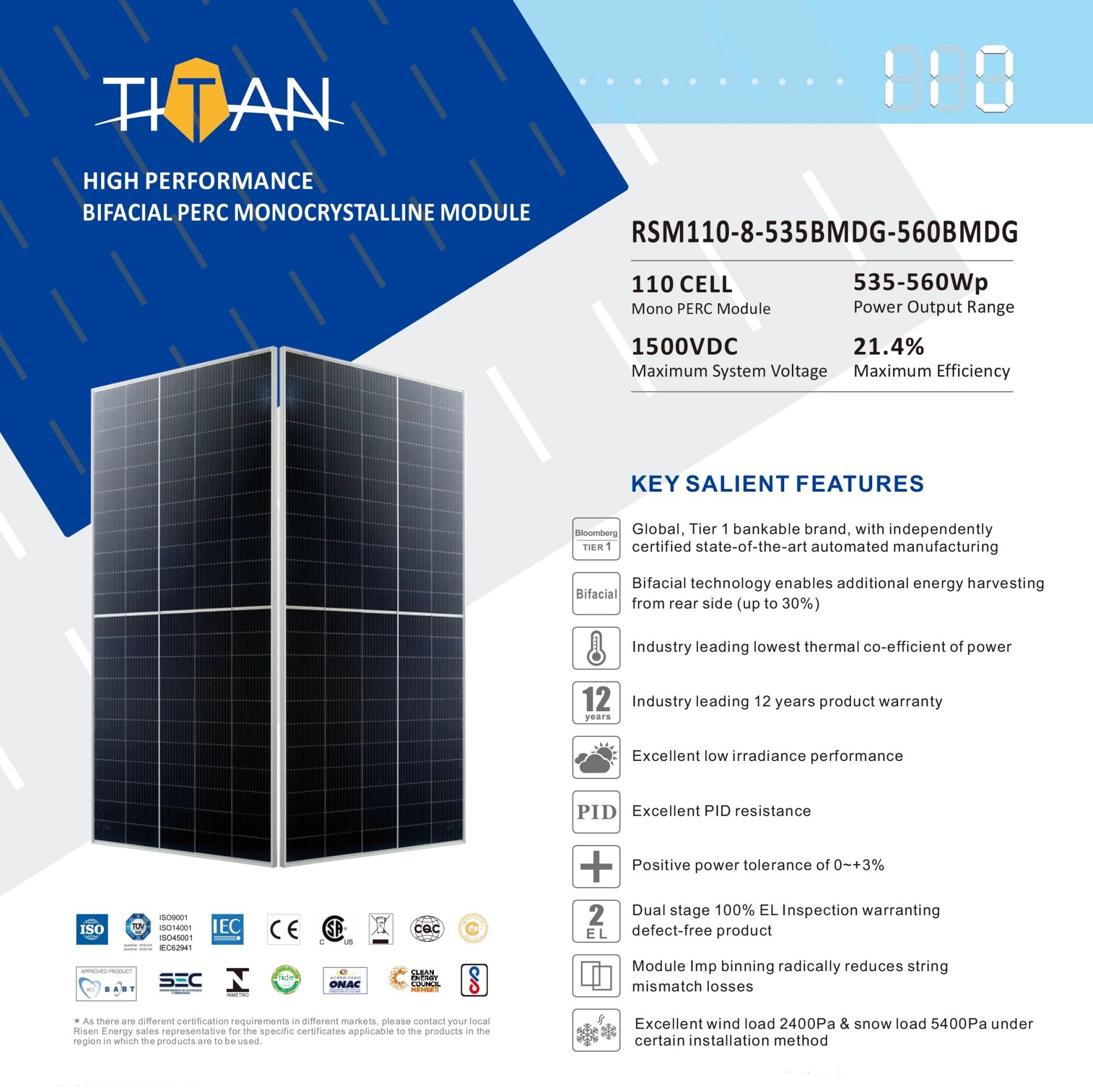 High performance Bifacial Perc Monocrystalline Module 535w 550W 555w 560w