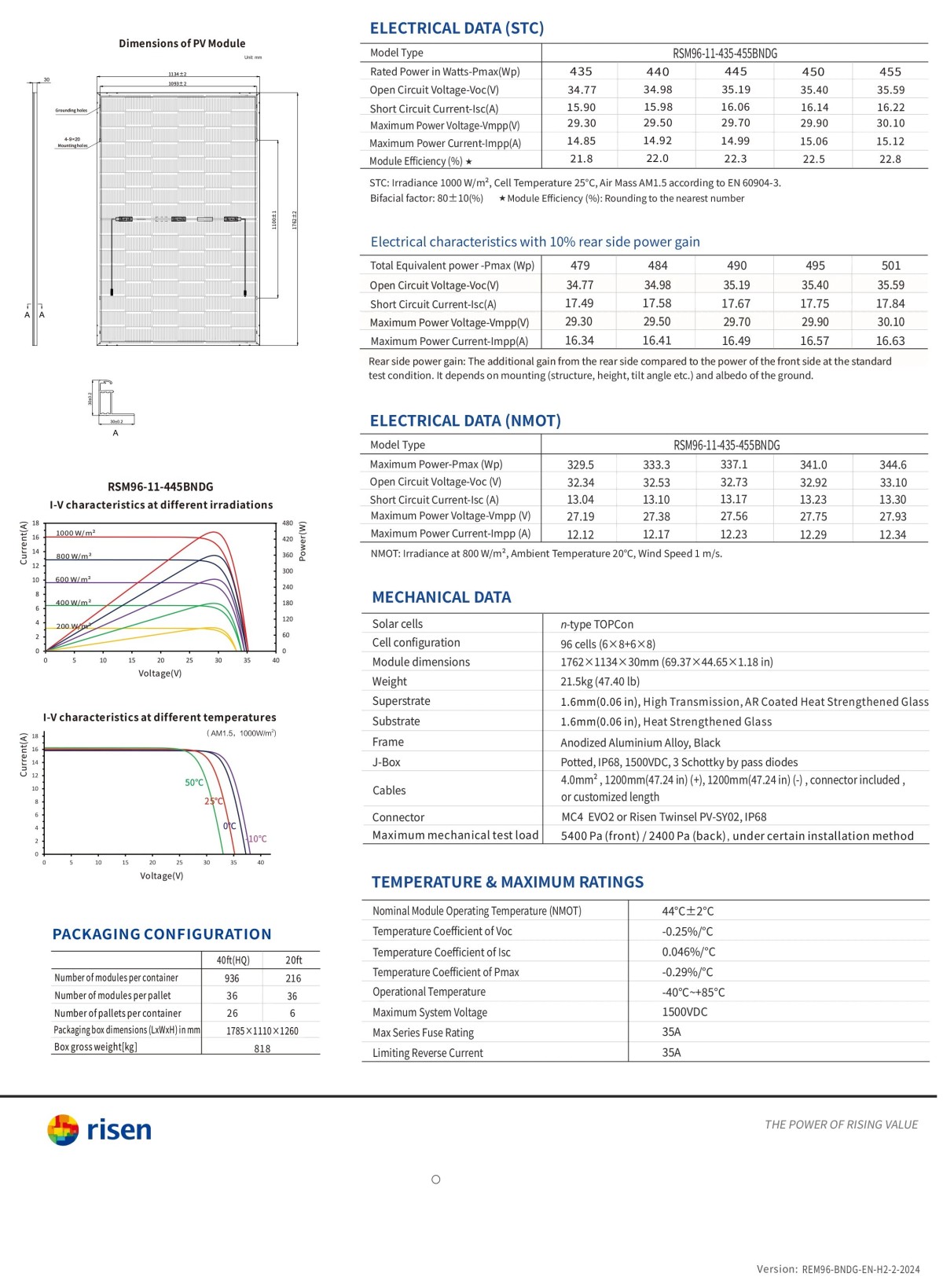 Risen N type TOPCon 455W Bifacial Module 435W 440w 445w 450w 2