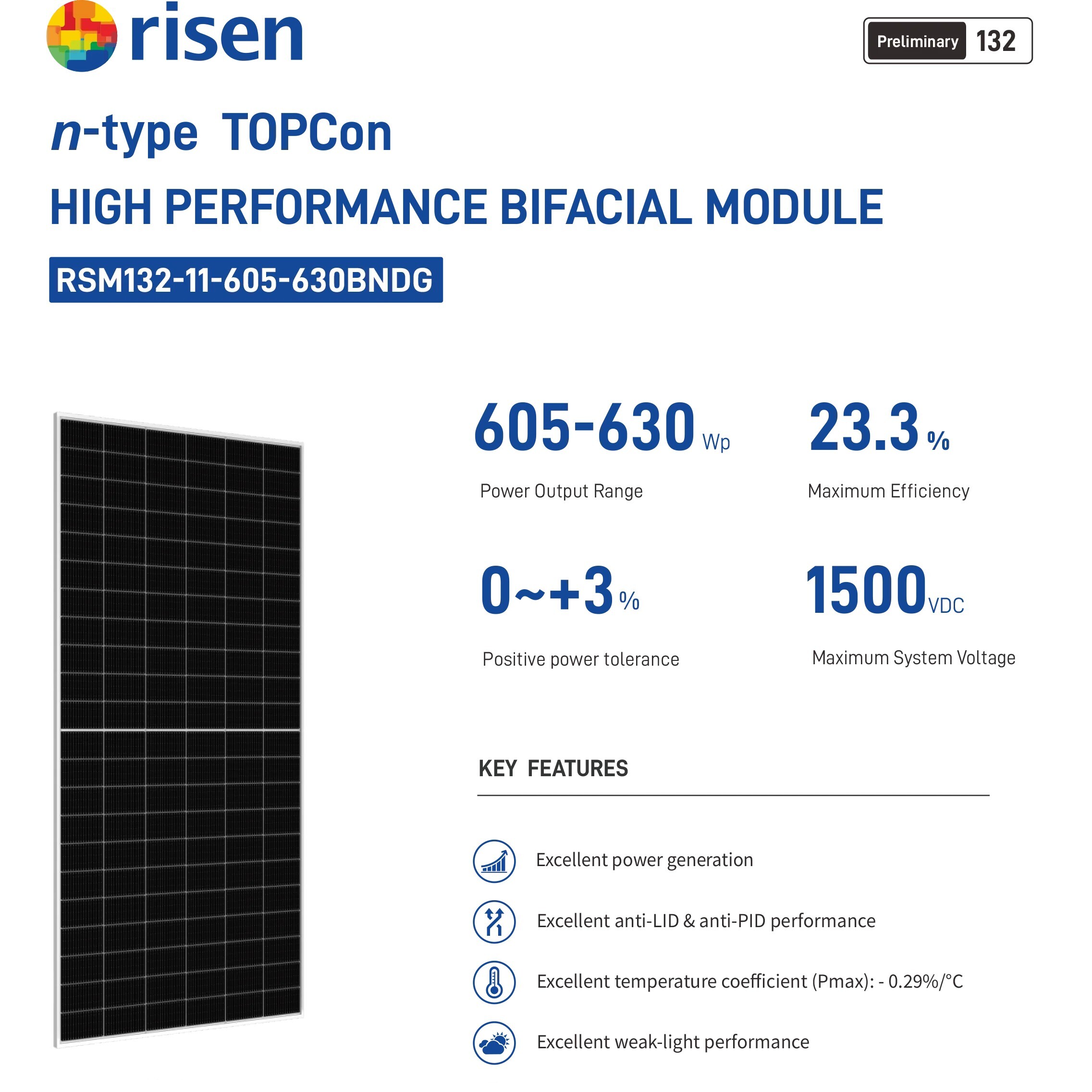 Risen Solar n type High performance Bifacial Module 630W