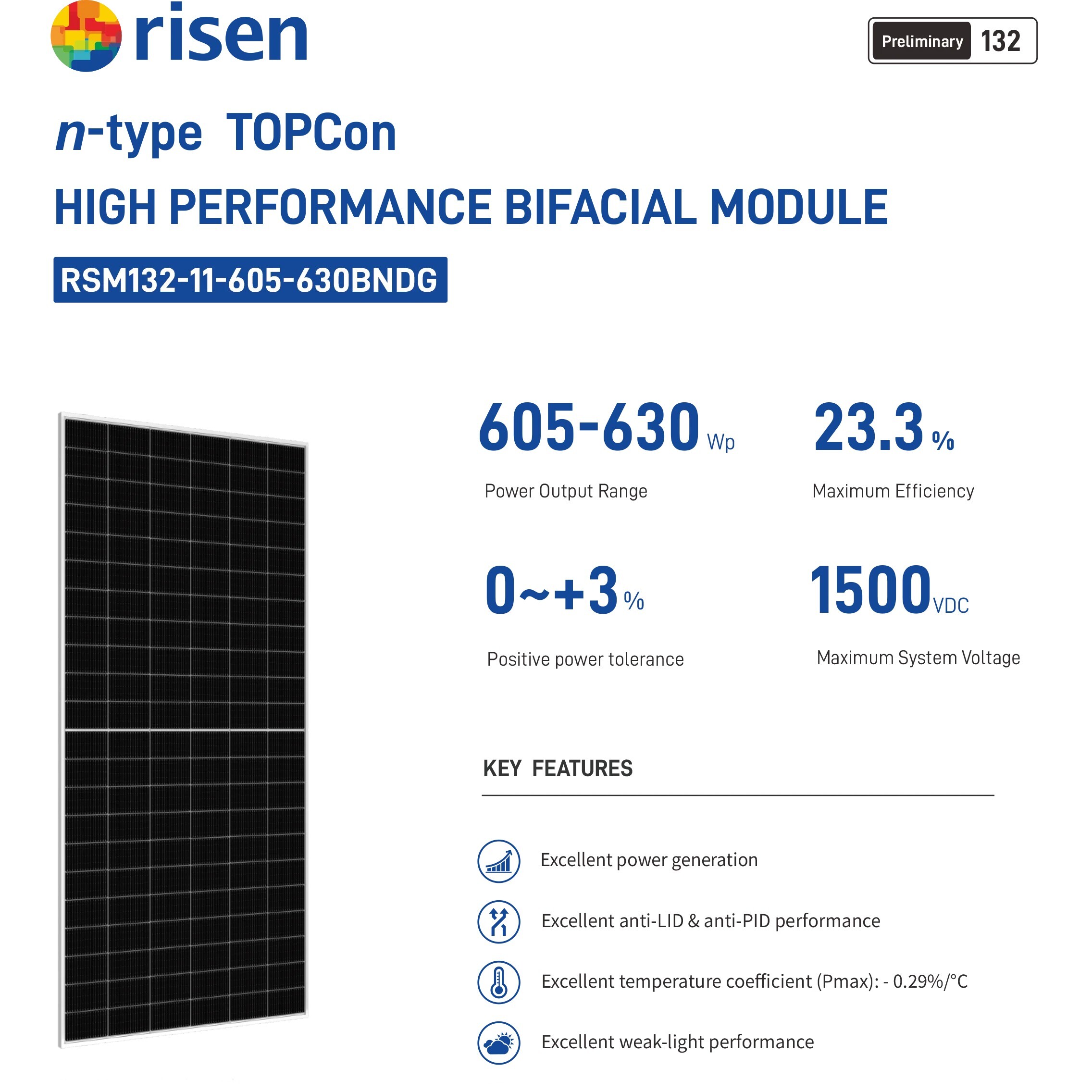 Risen Solar Aluminum frame Bifacial High Performance Module 605W