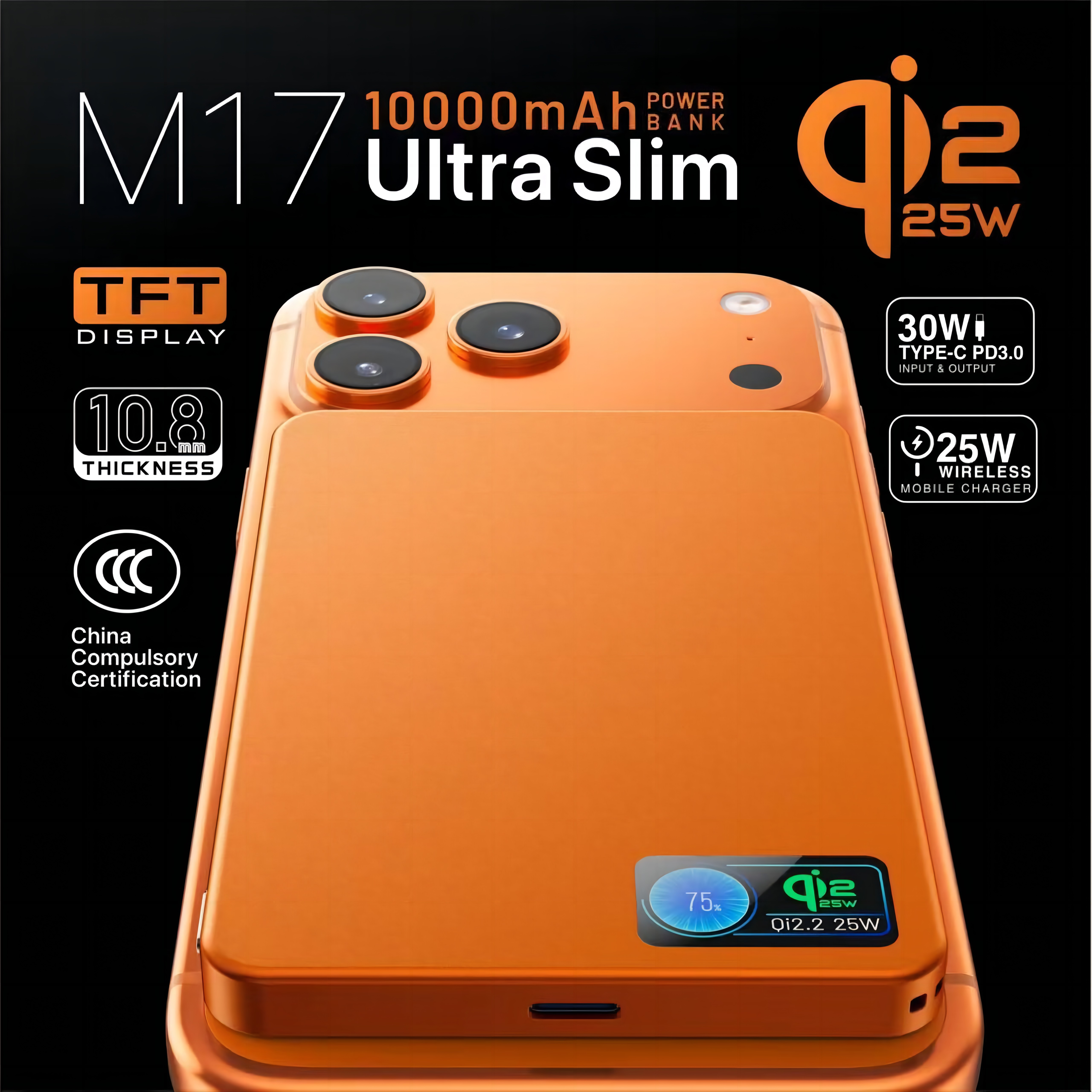 10000mAh PD30W Qi2.2 25W Super-thin 10.8MM Magsafe Power Bank with TFT Real-time Display