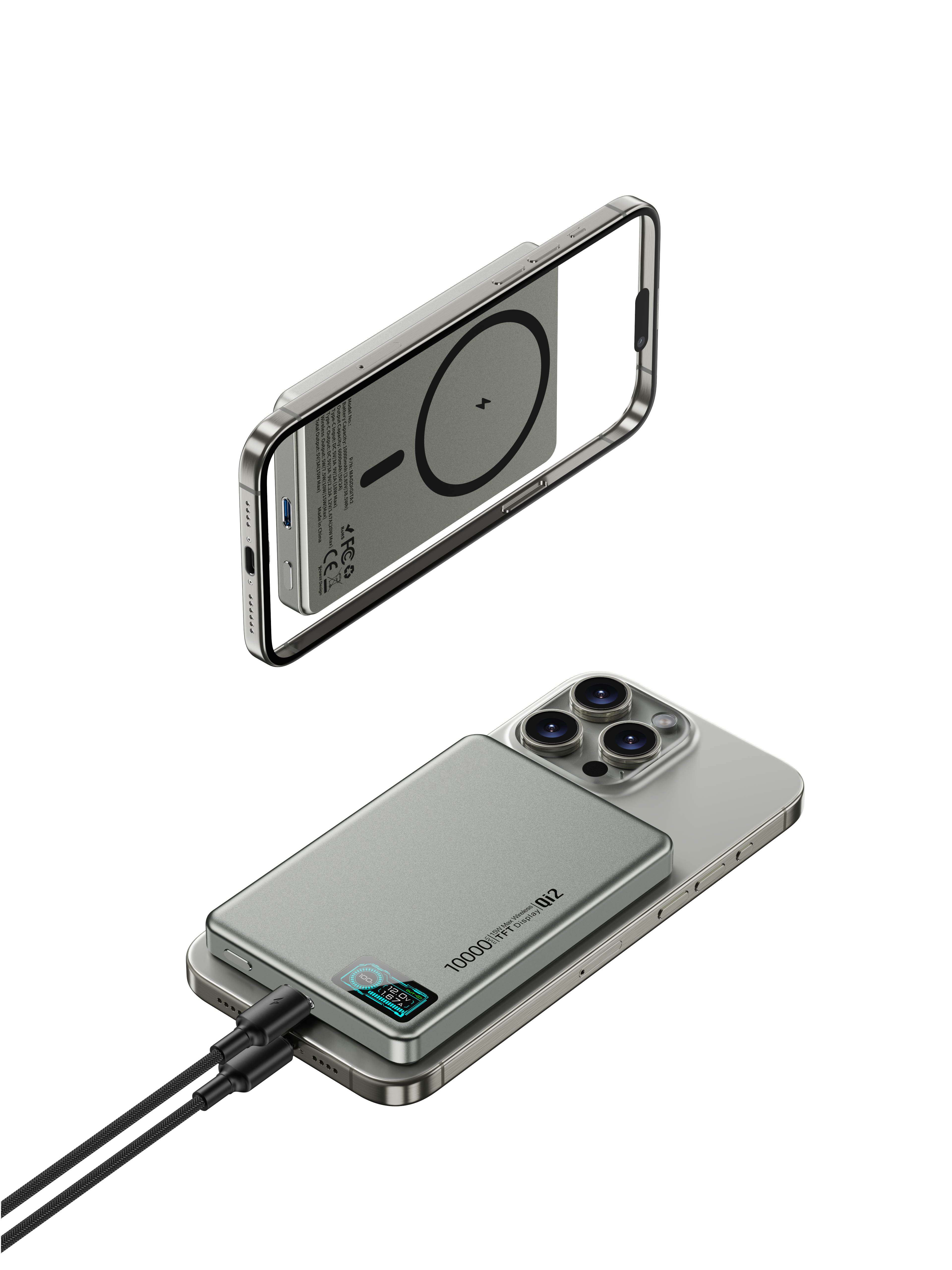 M1 Qi2 PD20W Aluminum Ultra-thin 12.8MM TFT Magsafe Power Bank