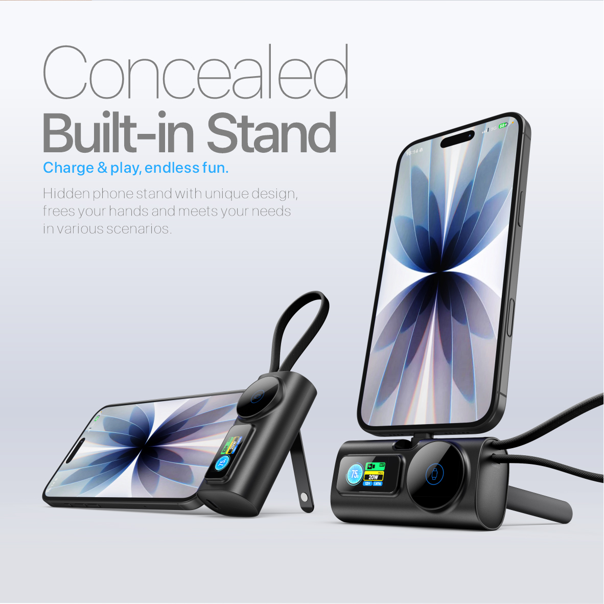 M23 5000mAh Multifunctional Capsule Power Bank with TFT Display With Cable &Stand