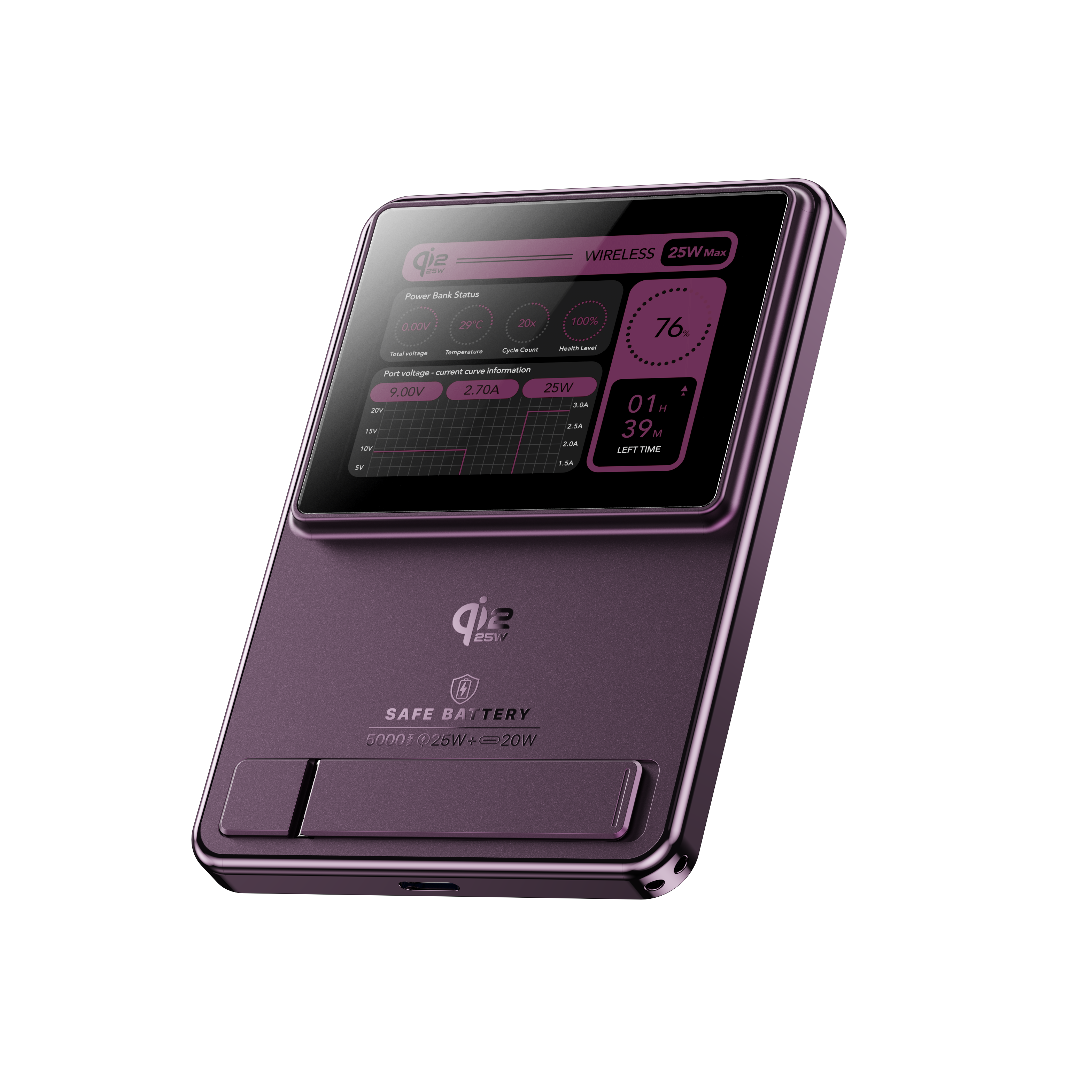 S5-| 5000mah 25W Wireless + USB-C 20W PD + 2.4 inch TFT | BMS LCO Solid-State Battery | Stand | 2.4inch Big TFT Smart Display