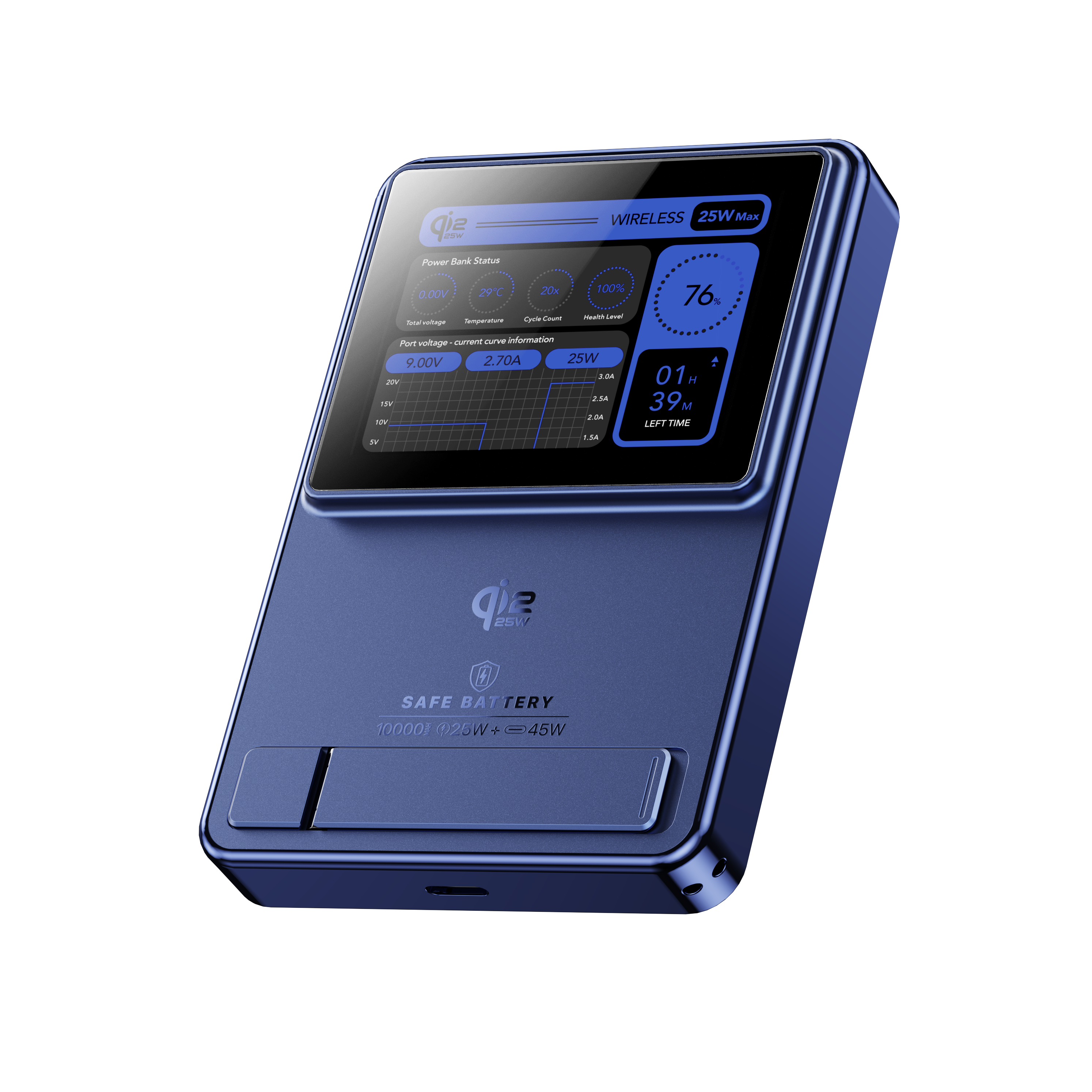 S5pro-| 10000mah 25W Wireless + USB-C 45W PD + 2.4 inch TFT | BMS LCO Solid-State Battery | Stand