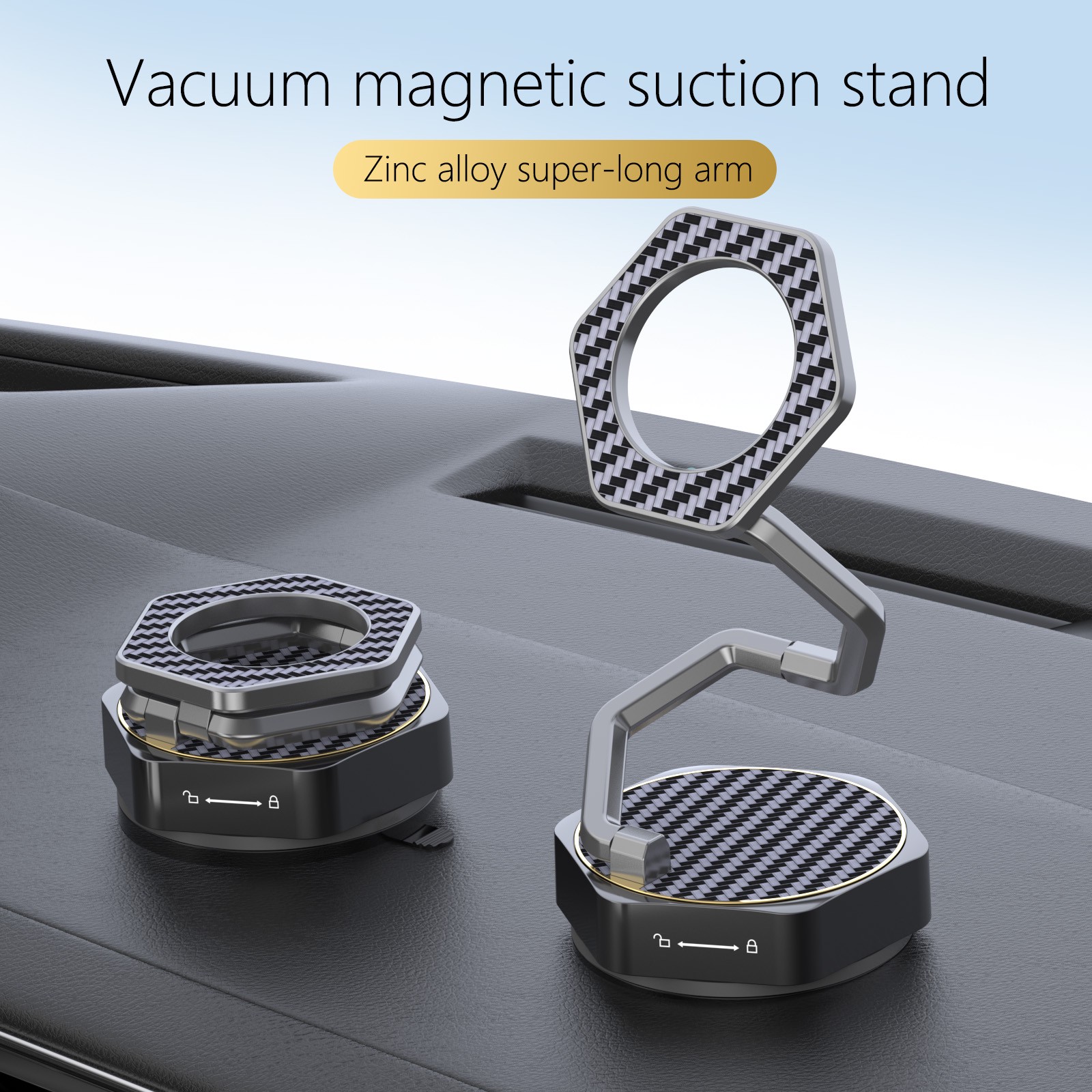 Vacuum Magnetic Car Phone Holder, Zinc Alloy Long Arm Mount with N52 Magnets, 360° Rotatable Suction Cup Stand for iPhone & All Phones