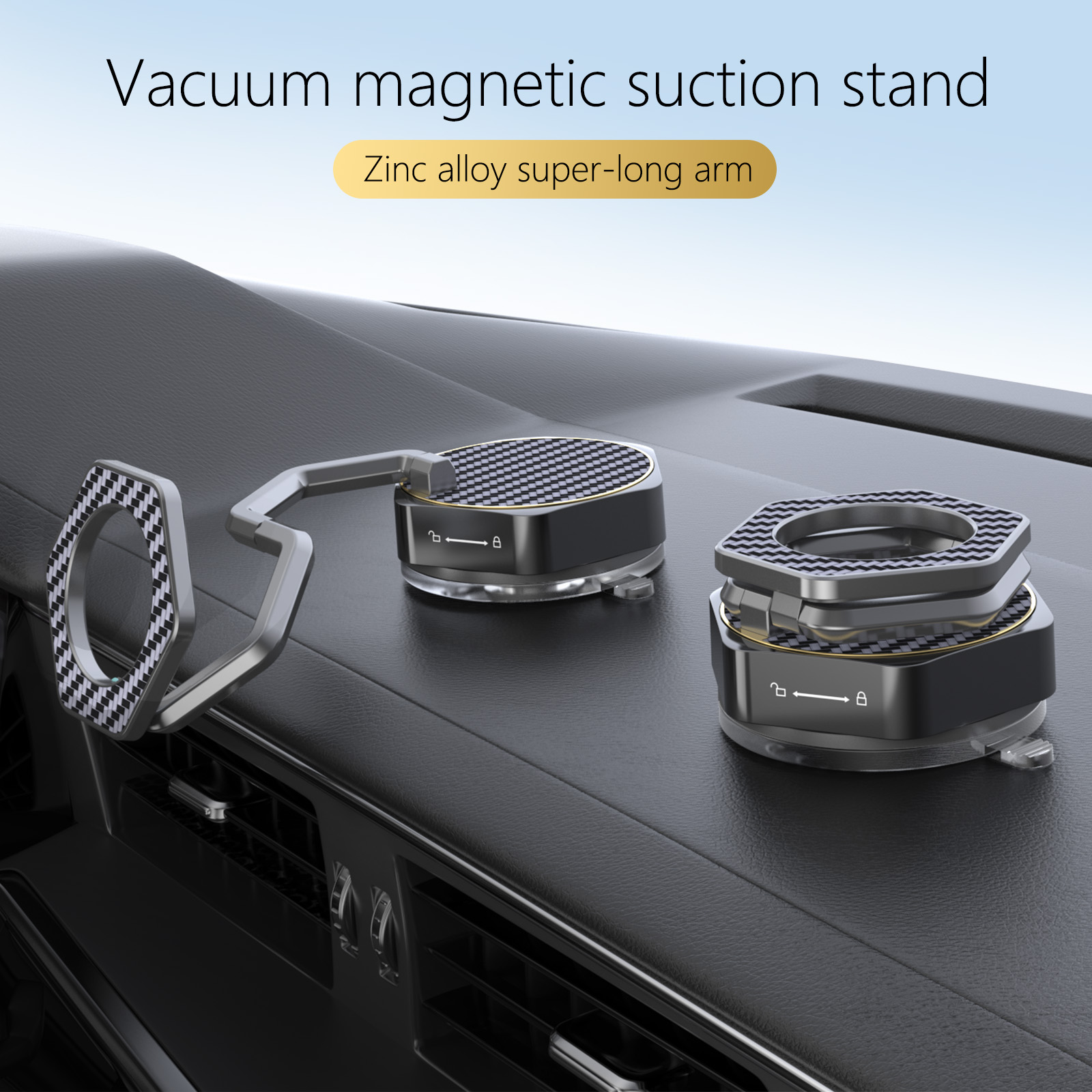 Vacuum Magnetic Car Phone Holder, Zinc Alloy Long Arm Mount with N52 Magnets, 360° Rotatable Suction Cup Stand for iPhone & All Phones
