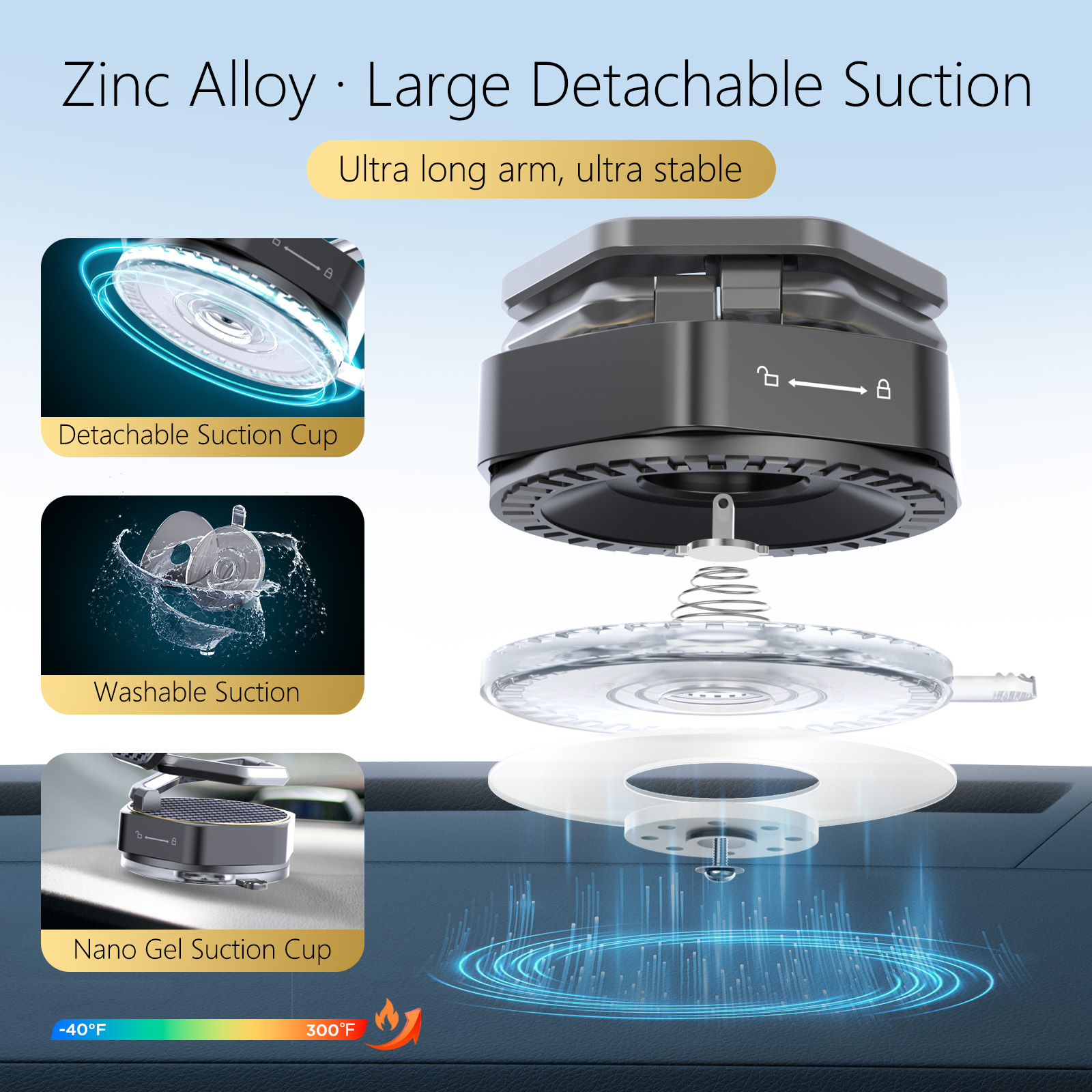 Vacuum Magnetic Car Phone Holder, Zinc Alloy Long Arm Mount with N52 Magnets, 360° Rotatable Suction Cup Stand for iPhone & All Phones