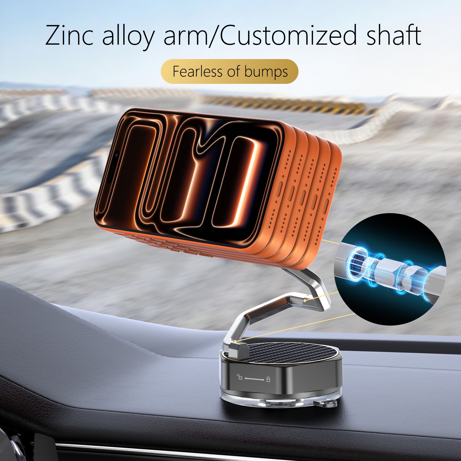 Vacuum Magnetic Car Phone Holder, Zinc Alloy Long Arm Mount with N52 Magnets, 360° Rotatable Suction Cup Stand for iPhone & All Phones