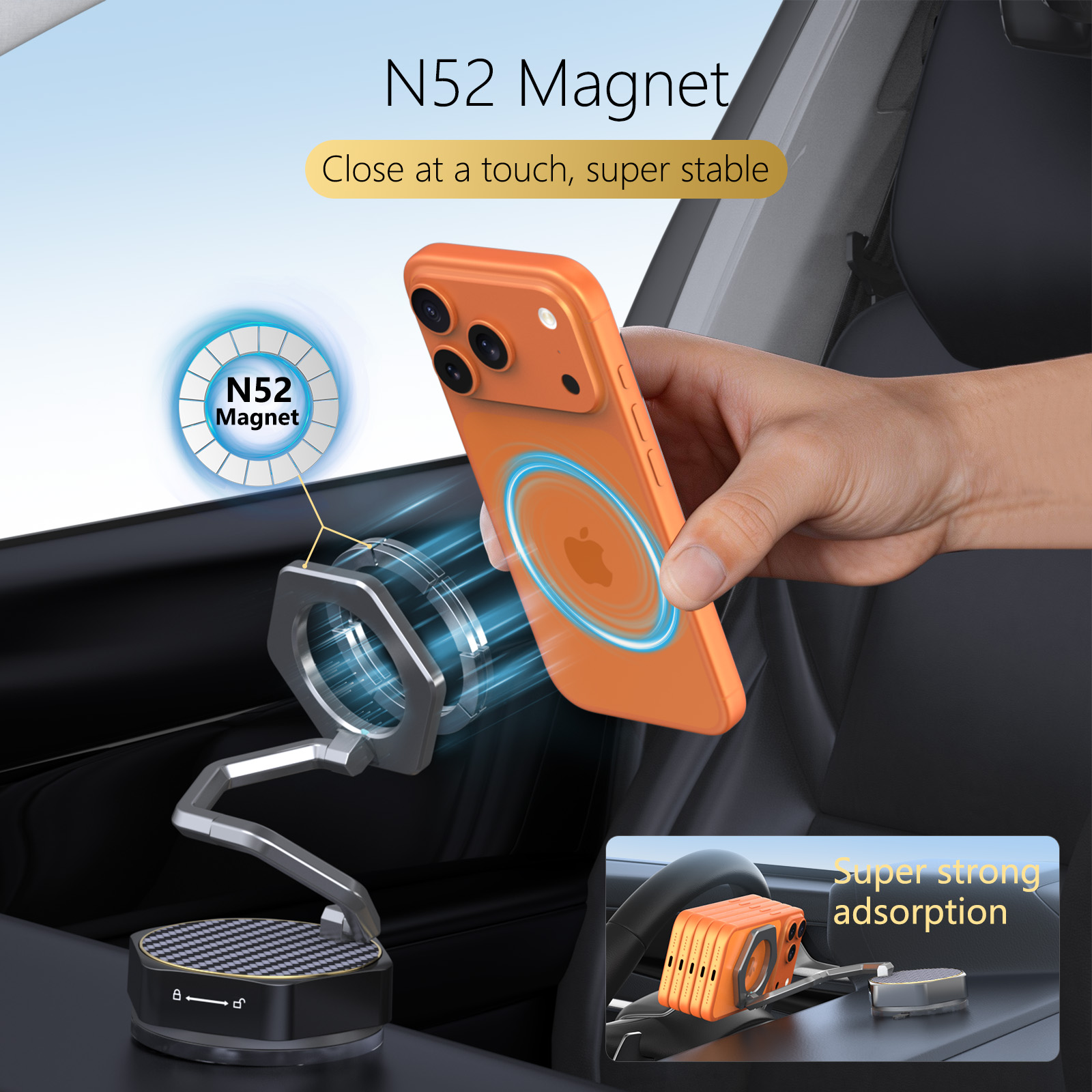 Vacuum Magnetic Car Phone Holder, Zinc Alloy Long Arm Mount with N52 Magnets, 360° Rotatable Suction Cup Stand for iPhone & All Phones