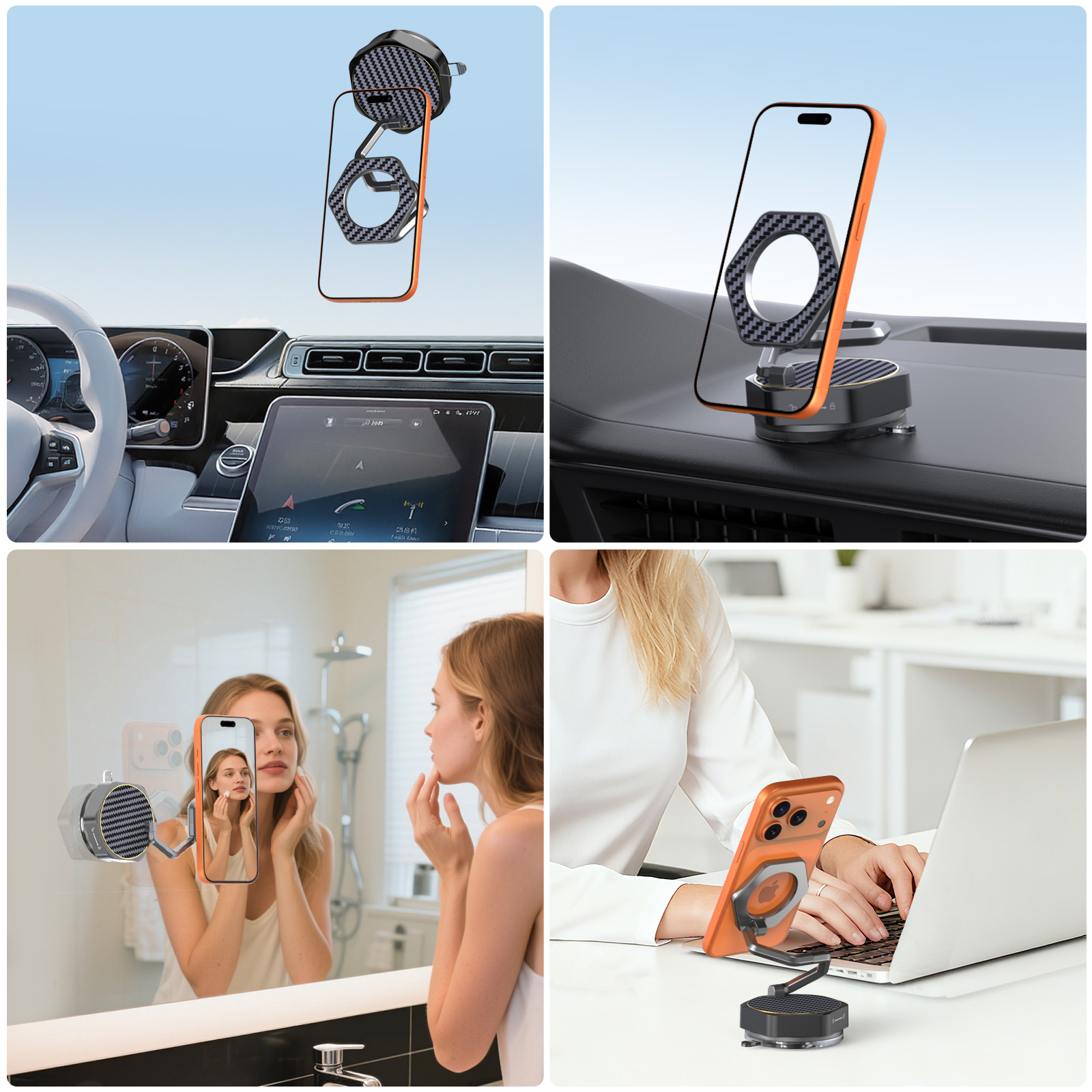 Vacuum Magnetic Car Phone Holder, Zinc Alloy Long Arm Mount with N52 Magnets, 360° Rotatable Suction Cup Stand for iPhone & All Phones