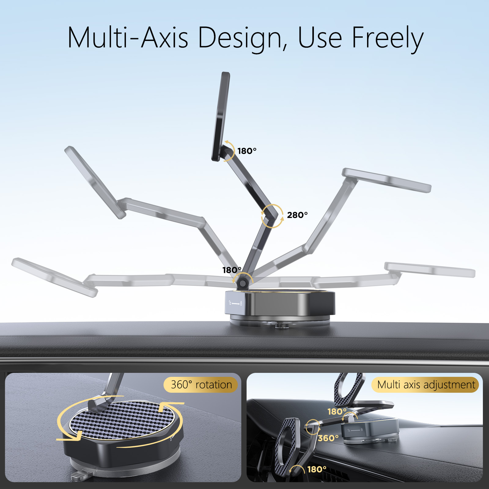 Vacuum Magnetic Car Phone Holder, Zinc Alloy Long Arm Mount with N52 Magnets, 360° Rotatable Suction Cup Stand for iPhone & All Phones