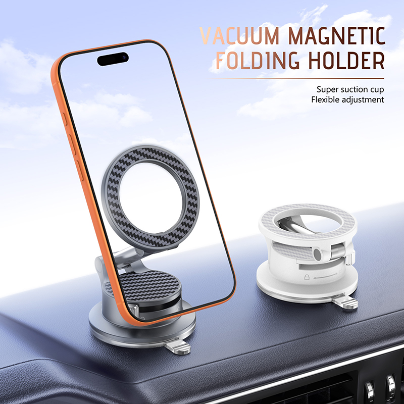 360° Adjustable Vacuum Magnetic Phone Holder, Portable Foldable Car Mount with Strong Suction Cup for iPhone & Android