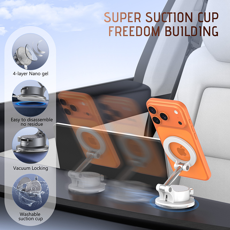 360° Adjustable Vacuum Magnetic Phone Holder, Portable Foldable Car Mount with Strong Suction Cup for iPhone & Android