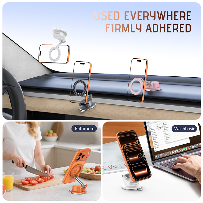 360° Adjustable Vacuum Magnetic Phone Holder, Portable Foldable Car Mount with Strong Suction Cup for iPhone & Android
