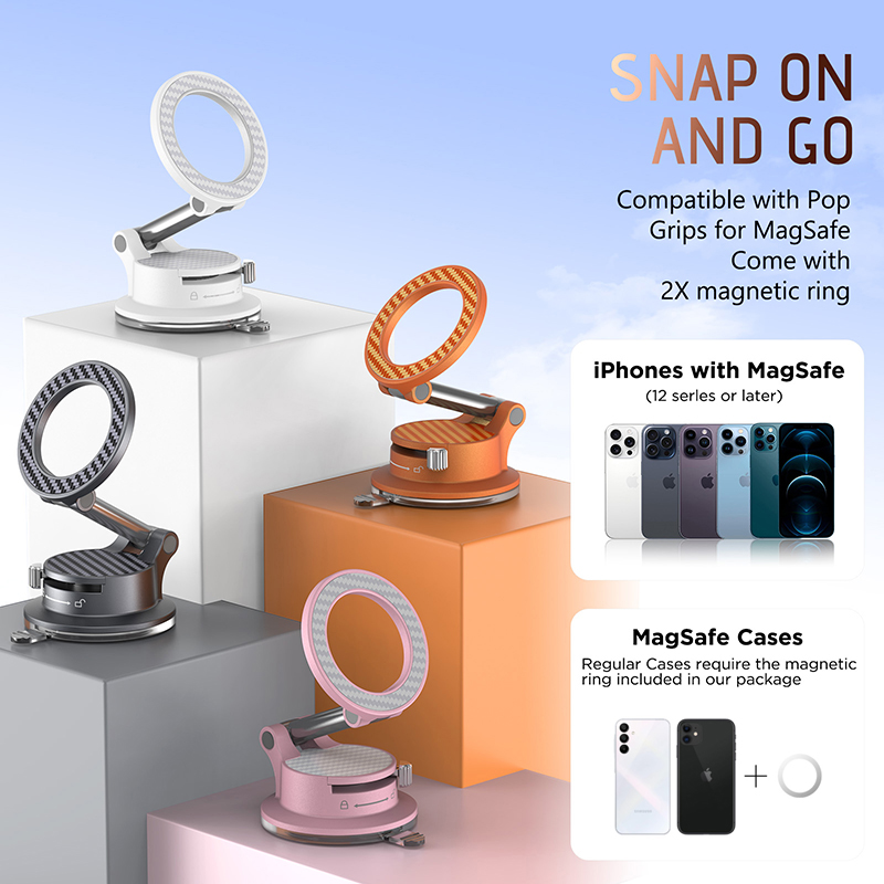 360° Adjustable Vacuum Magnetic Phone Holder, Portable Foldable Car Mount with Strong Suction Cup for iPhone & Android