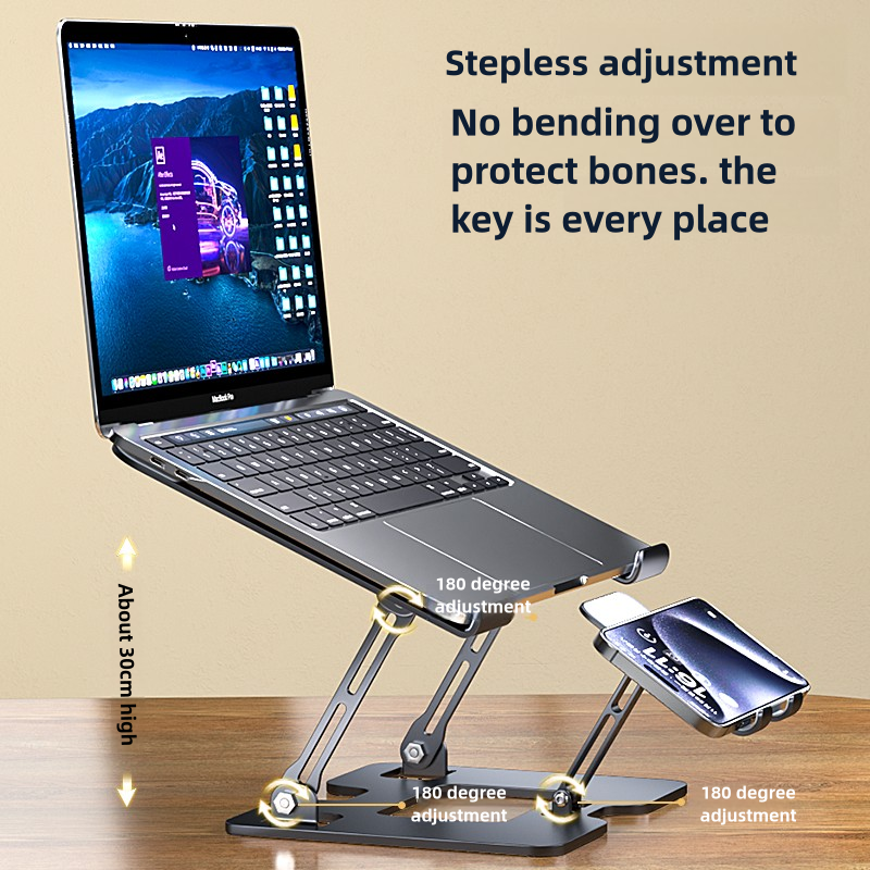 Adjustable Laptop Stand with Phone Holder | Ergonomic Carbon Steel Desk Riser for MacBook, Laptops & Tablets