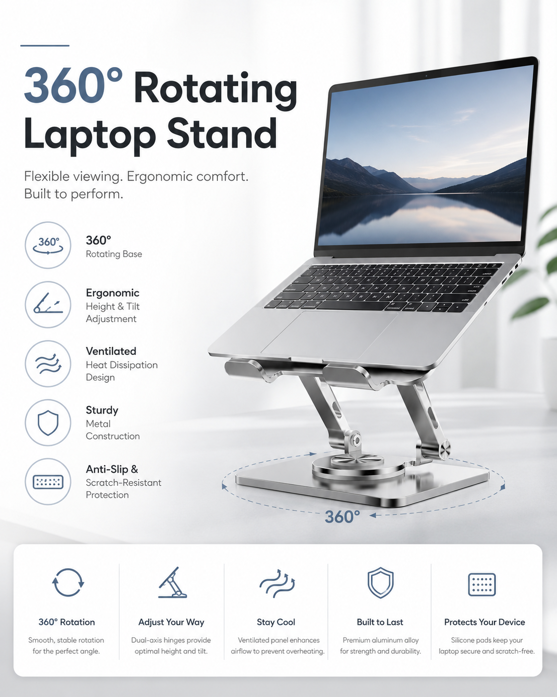 Customized laptop stand with 360-degree rotating and folding metal cooling stand, adjustable for gaming on desktop