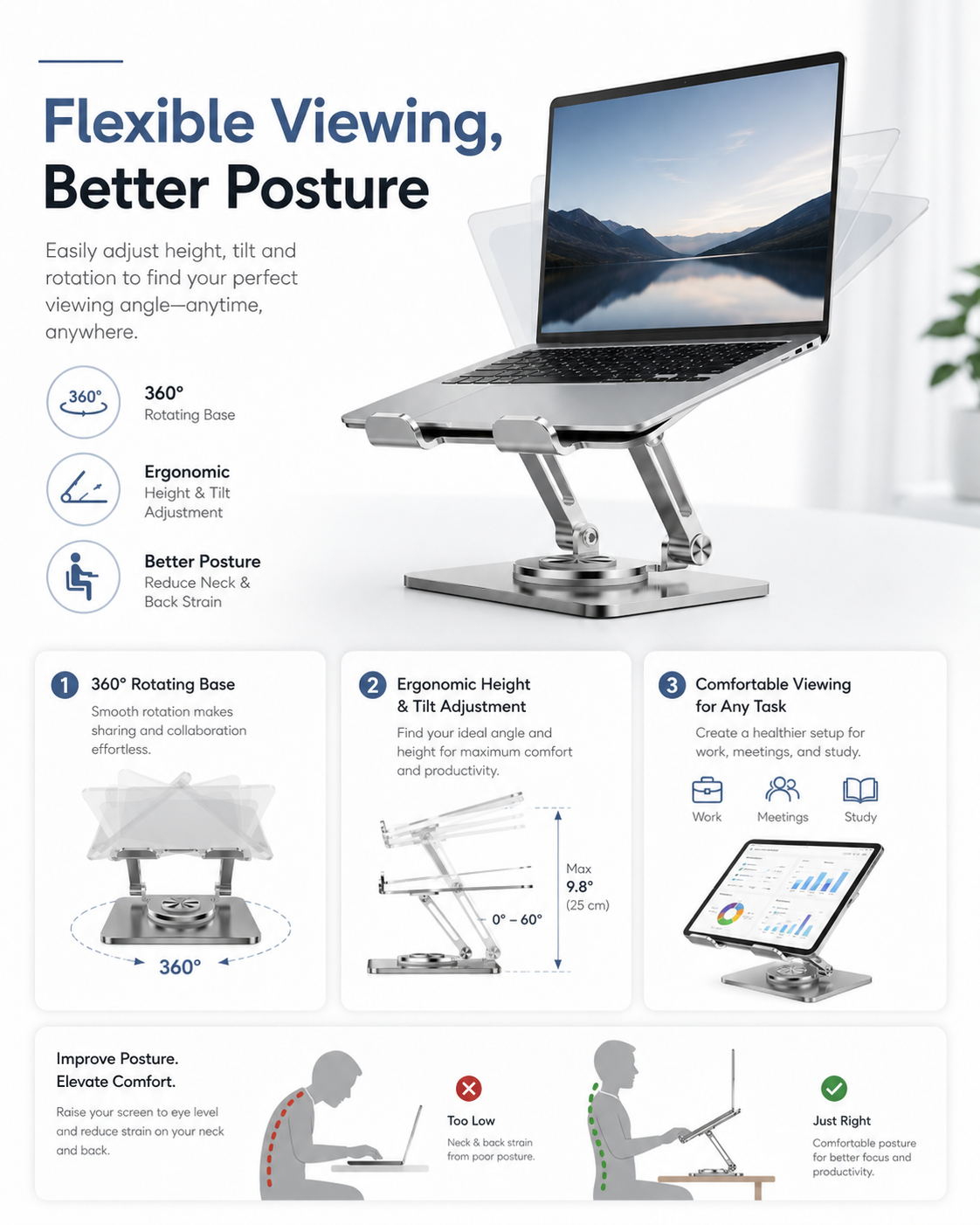 Customized laptop stand with 360-degree rotating and folding metal cooling stand, adjustable for gaming on desktop